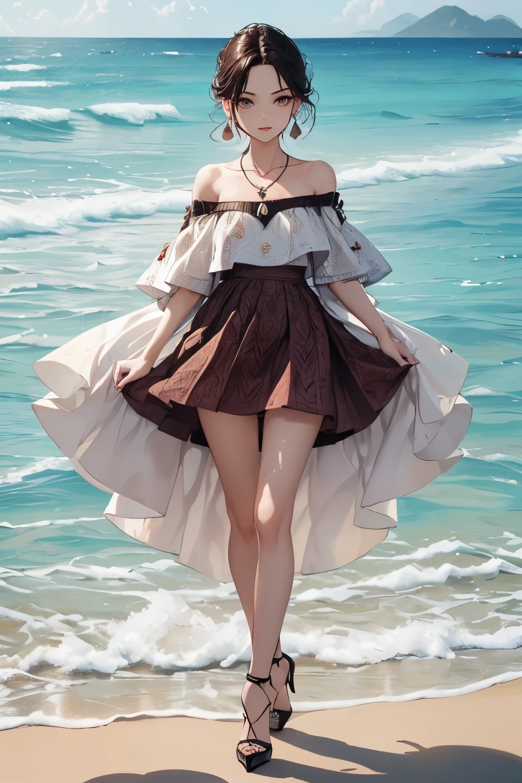 ((Biologically correct number of limbs))、((natural finger shape))、((full body shot, Full body photo including face、head to toe photo))、standing position、[NSFW]、4K、masterpiece、((focus on the face))、((Symmetrical facial features))、Eyes of minute description、Beautiful woman、outstanding style、beautiful clavicle、beautiful legs、slender body、(small ass、thin thighs）、(high heels）、Detailed depiction of faces、small earrings、necklace、(upper body off shoulder、Patterned skirt）、Splashing on the beach