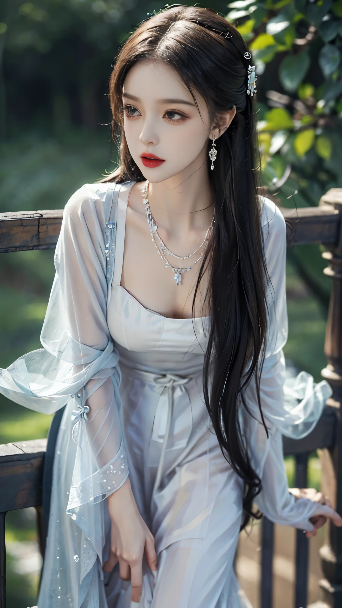 ((whole body)), ((from below)), Yushuxin,1 girl,alone, ((stand up, leaning on ledge)), ((lean forward)), ((The features are clear, clear face, clear face)), red lips, cosmetics, close-up, elegant姿势, seductive pose, Perfect Curve, Slim, Sexy, big breasts, split, beautiful legs, charming gaze, bite lip, messy long hair, Simple and casual scene, Very detailed, Ultra-clear, best quality, official art, exquisite earrings, exquisite necklace, Very detailed description, Super beautiful painting, Sophisticated functionality, elegant, beautiful, Super fine details, masterpiece, Authentic texture, Realistic movie lighting, masterpiece, best quality