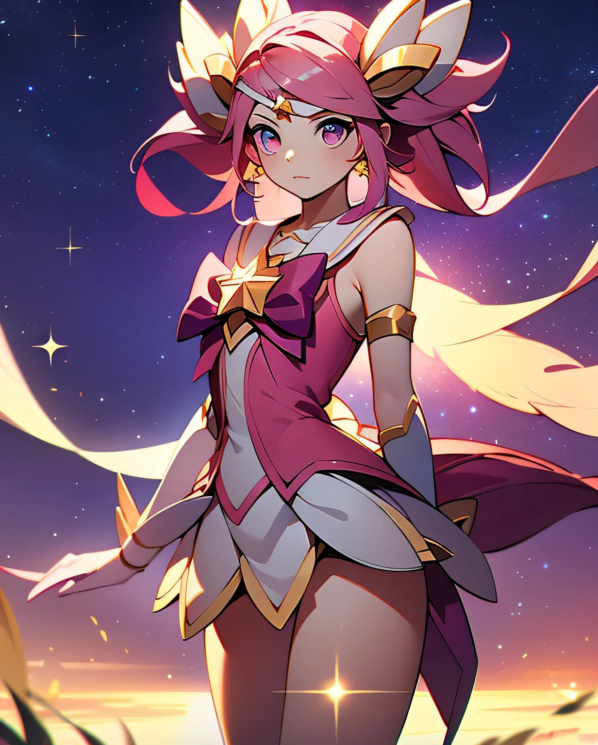 1girl, lux from leagueoflegends, star_guardian_Lux, long hair, ultra-detailed hairstyle, extremely detailed eyes, Anime star magical girl, sparkling magical girl,(perfect body proportions : 1.2)
, colorful star particle, star effect, Milky Way, shinning night sky, 
(Best Quality, Highres:1.4 ), Detailed, Intricate Details, 4K, cinematic lighting, depth of field, detailed background, artstation, 