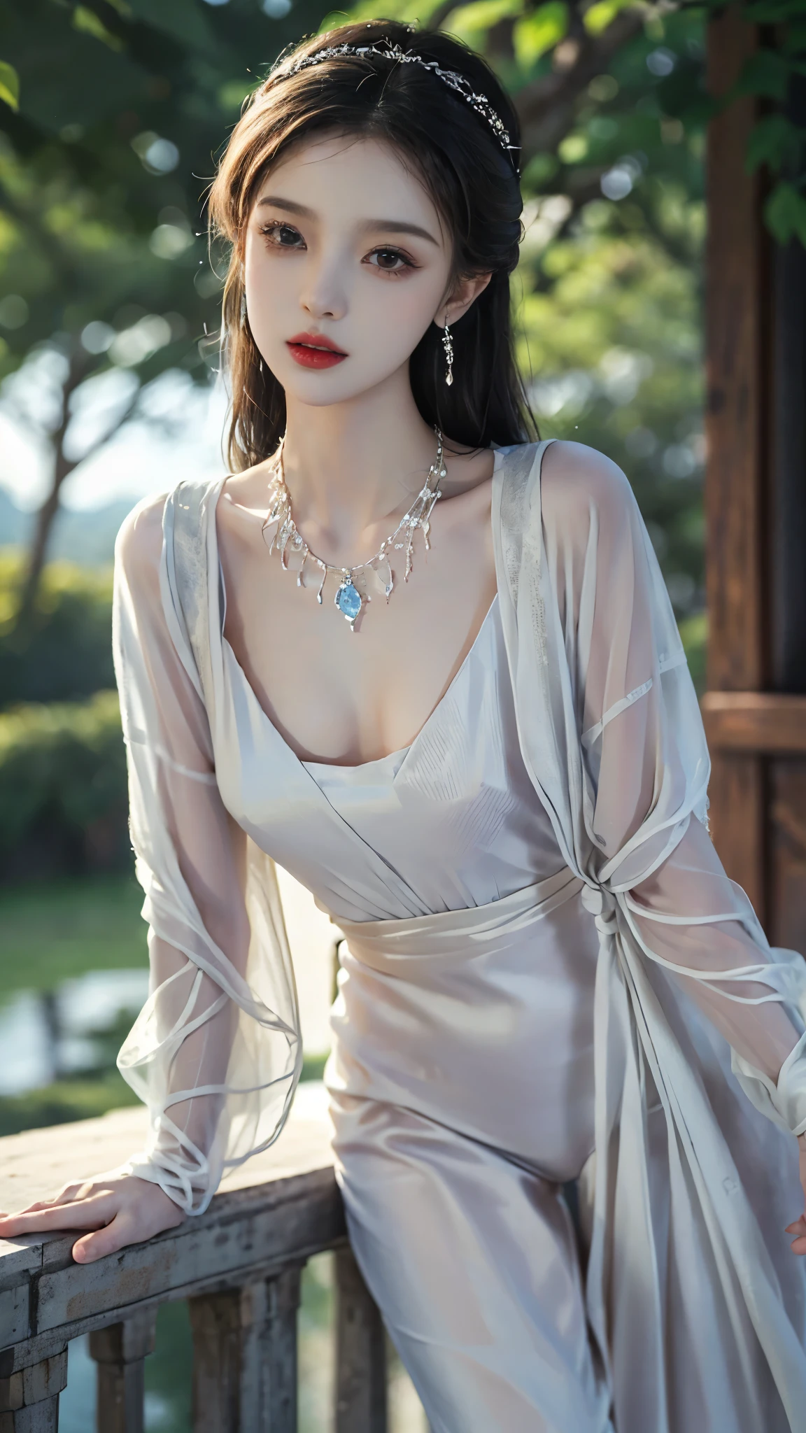 ((whole body)), ((from below)), Yushuxin,1 girl,alone, ((stand up, leaning on ledge)), ((lean forward)), ((The features are clear, clear face, clear face)), red lips, cosmetics, close-up, elegant姿势, seductive pose, Perfect Curve, Slim, Sexy, big breasts, split, beautiful legs, charming gaze, bite lip, messy long hair, Simple and casual scene, Very detailed, Ultra-clear, best quality, official art, exquisite earrings, exquisite necklace, Very detailed description, Super beautiful painting, Sophisticated functionality, elegant, beautiful, Super fine details, masterpiece, Authentic texture, Realistic movie lighting, masterpiece, best quality