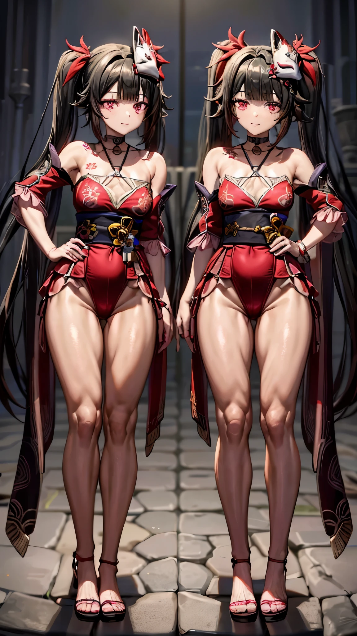 Type: Digital Art Style: Anime Style Color: Predominantly red with black and white contrasts, Eye color: Bright crimson red, with luminous reflections. Hair color Black with red highlights, Hairstyle: Long with twintails, (((fox mask on head))), adorned with traditional red and gold hair accessories, (((cute smile))), muscular legs, index finger raised, finger in mouth, (((beach scene))), Standing, (((full body photo))), well-groomed nails, red nails, (((wearing a very short and sexy bikini))) , hdr, (from the back holding the buttocks), ((showing the ass looking at me)), wearing a red high heel shoe, (full body shot), (long legs)