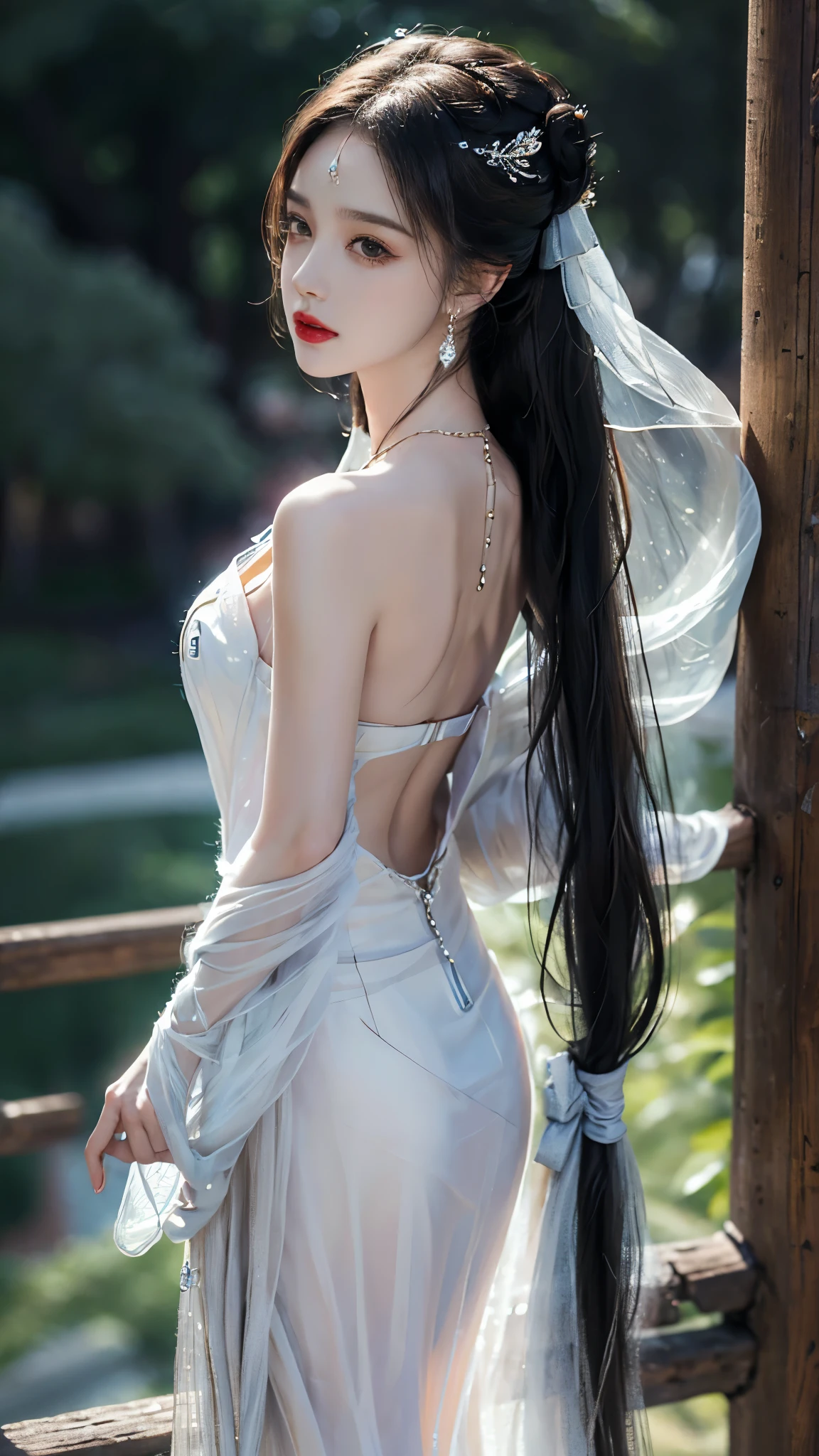 ((whole body)), ((from below)), Yushuxin,1 girl,alone, ((stand up, leaning on ledge)), ((lean forward)), ((The features are clear, clear face, clear face)), red lips, cosmetics, close-up, elegant姿势, seductive pose, Perfect Curve, Slim, Sexy, big breasts, split, beautiful legs, charming gaze, bite lip, messy long hair, Simple and casual scene, Very detailed, Ultra-clear, best quality, official art, exquisite earrings, exquisite necklace, Very detailed description, Super beautiful painting, Sophisticated functionality, elegant, beautiful, Super fine details, masterpiece, Authentic texture, Realistic movie lighting, masterpiece, best quality