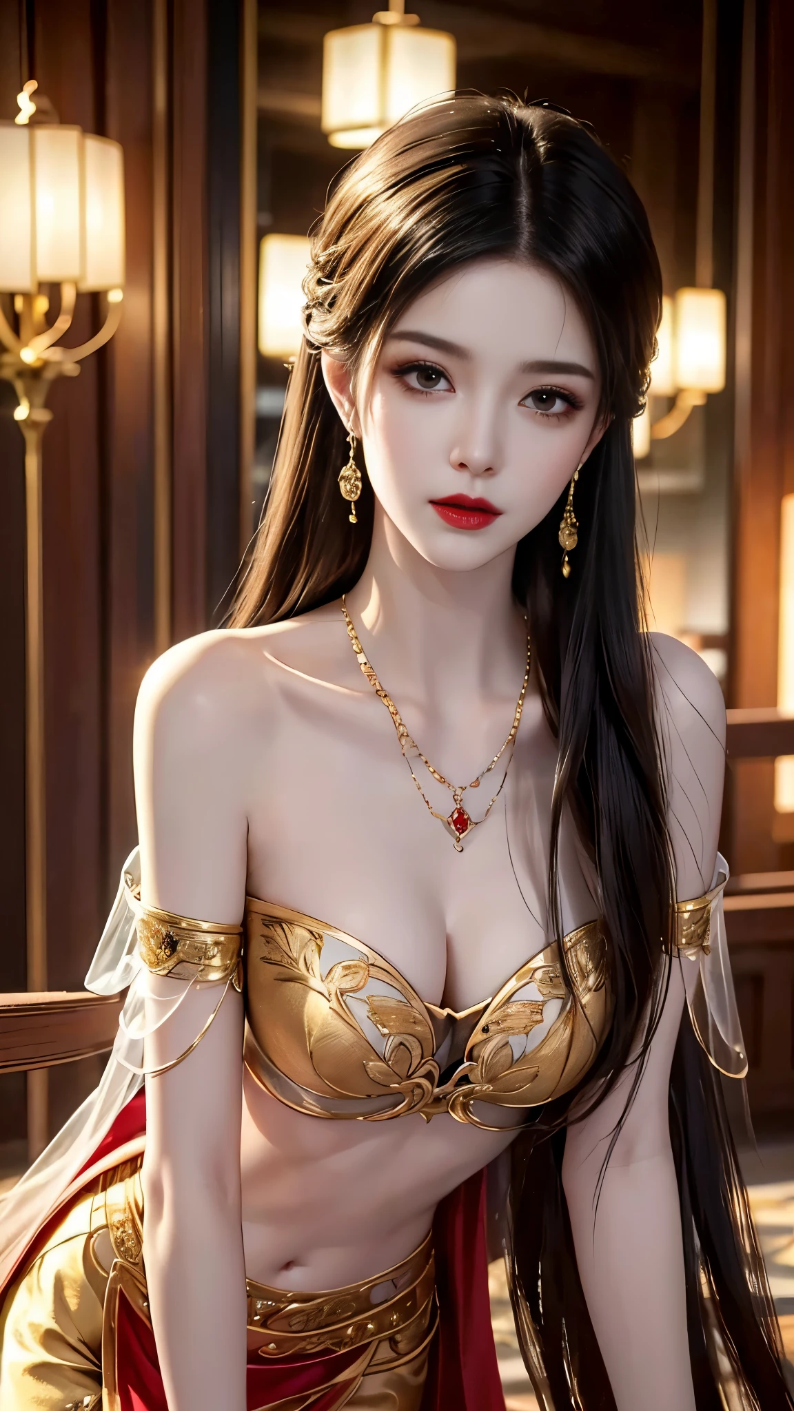 ((whole body)), ((from below)), Yushuxin,1 girl,alone, ((stand up, leaning on ledge)), ((lean forward)), ((The features are clear, clear face, clear face)), red lips, cosmetics, close-up, elegant姿势, seductive pose, Perfect Curve, Slim, Sexy, big breasts, split, beautiful legs, charming gaze, bite lip, messy long hair, Simple and casual scene, Very detailed, Ultra-clear, best quality, official art, exquisite earrings, exquisite necklace, Very detailed description, Super beautiful painting, Sophisticated functionality, elegant, beautiful, Super fine details, masterpiece, Authentic texture, Realistic movie lighting, masterpiece, best quality