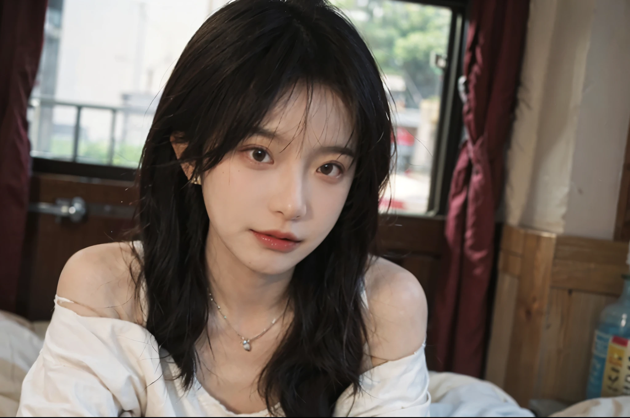 best qualtiy， Ultra-high resolution， （realisticlying：1.4），cute hairpin，Baoyu Girl，Stand in the wedding hall，Wearing a white bandeau wedding dress，（flatchest：1.2） ，A pair of clear and moving peach blossom eyes,Royal Sister，sunshine on face，Big wavy hairstyle，（choker necklace：1.2），（Fair skin：1.4），a sense of atmosphere，a beauty girl， Charming smile，head straight-looking at viewer， closeup cleavage ，(Photorealistic:1.4),1girll,sexly,(Upper body:1.4),(Wet body),(:1.2), curly hair, (facing the front:1.2),long hair、(Close your eyes and ask for a kiss:1.3),From above, ((one length haircut)),, exposed cleavage, look up, raise your chin, open your mouth slightly, waiting for kiss, stick out your tongue slightly, turn your face up, look up the sky, sitting