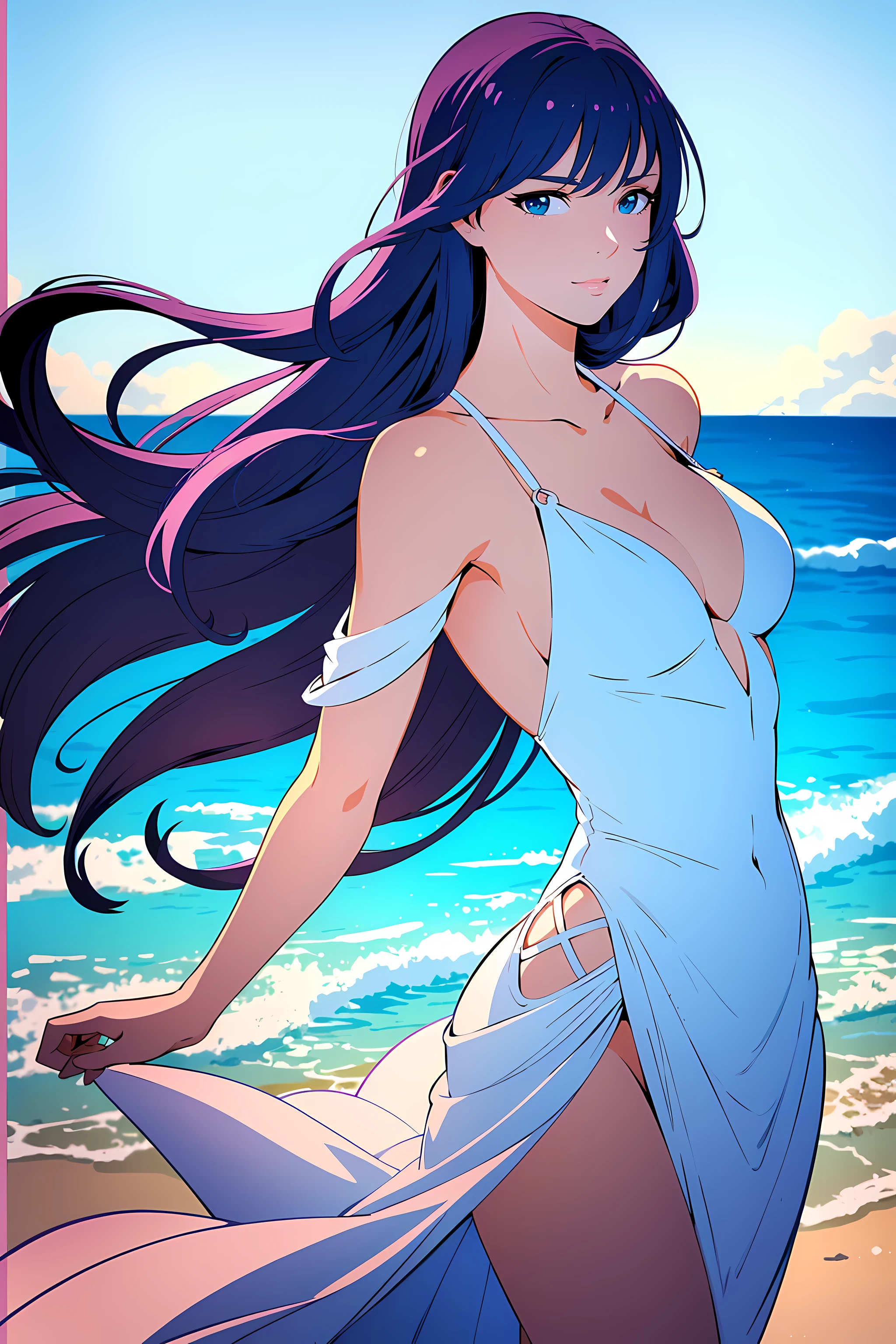 In a vibrant beach scene, There is a girl in an elegant white dress by the water. this dress is amazing, High resolution masterpiece, Capture every detail in 8K glory. The girl's eyes are charming purple, Drawing attention to her beautiful and detailed face. She stood gracefull, Her off-the-shoulder dress highlighted her delicate collarbones. In the background, Waves crashing on the beach, Create an impactful spectacle. The beach is decorated with woven patterns, Add a sophisticated artistic touch to your scene. The girl's long white dress flows effortlessly, Adds movement and elegance to the overall composition. Best image quality, With ultra-detailed features and realistic, Photorealistic rendering. The scene is colorful, With a hint of vibrant blue and warm gold tones, Create an attractive and harmonious color palette. The lighting is carefully arranged, with soft, Natural light illuminates the girl,Cast a soft shadow on the sand. In this stunning work of art, The girl wearing mxmk white dress becomes the focus, Exuding elegance and beauty in a picturesque beach setting.