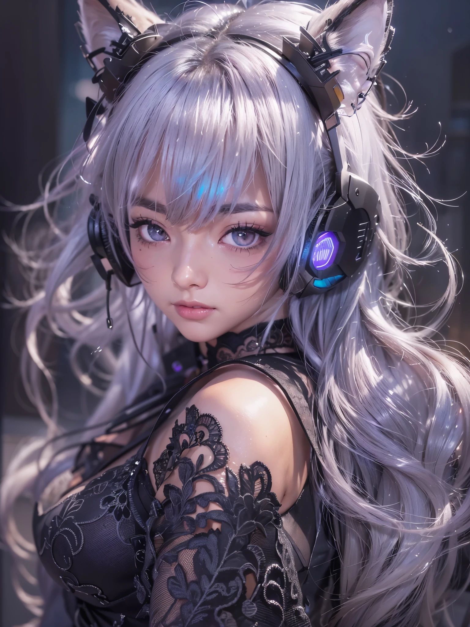 (masterpiece:1.3), (8K、photorealistic, Raw photo, best quality:1.4), (solo), ((A very beautiful Anglo-Saxon girlish girl)), (beautiful realistic face:1.2), (Symmetrical perfect face), ((美しくbright銀色のボブカットの髪型)), bangs, hair is messy, (intense purple eyes, strong eye highlights, realistic目, beautiful eyelashes), (wonderful smile:1.2), (Big and beautiful breasts), perfect body, perfect anatomy, glowing skin, (high detail skin: 1.2), dynamic angle, (black sleeveless dress, detailed embroidered dress, Black lace ornament, exposed shoulders, Finely crafted metal accessories, decorative choker, Long boots in black color),(black silk lace bra and panties), ((Silvery cat ears)), (Sleek, futuristic headphones), (Inspired by Shirow Masamune), accurate arm, five fingers, accurate legs, black metal ornaments, (Decadent and futuristic urban background in the evening), (cyberpunk background, gray tone), (Flashing blue and purple neon tubes), volume lighting, soft light, bright, Bright colors, realistic, highest quality, photo-realistic, upper body close-up