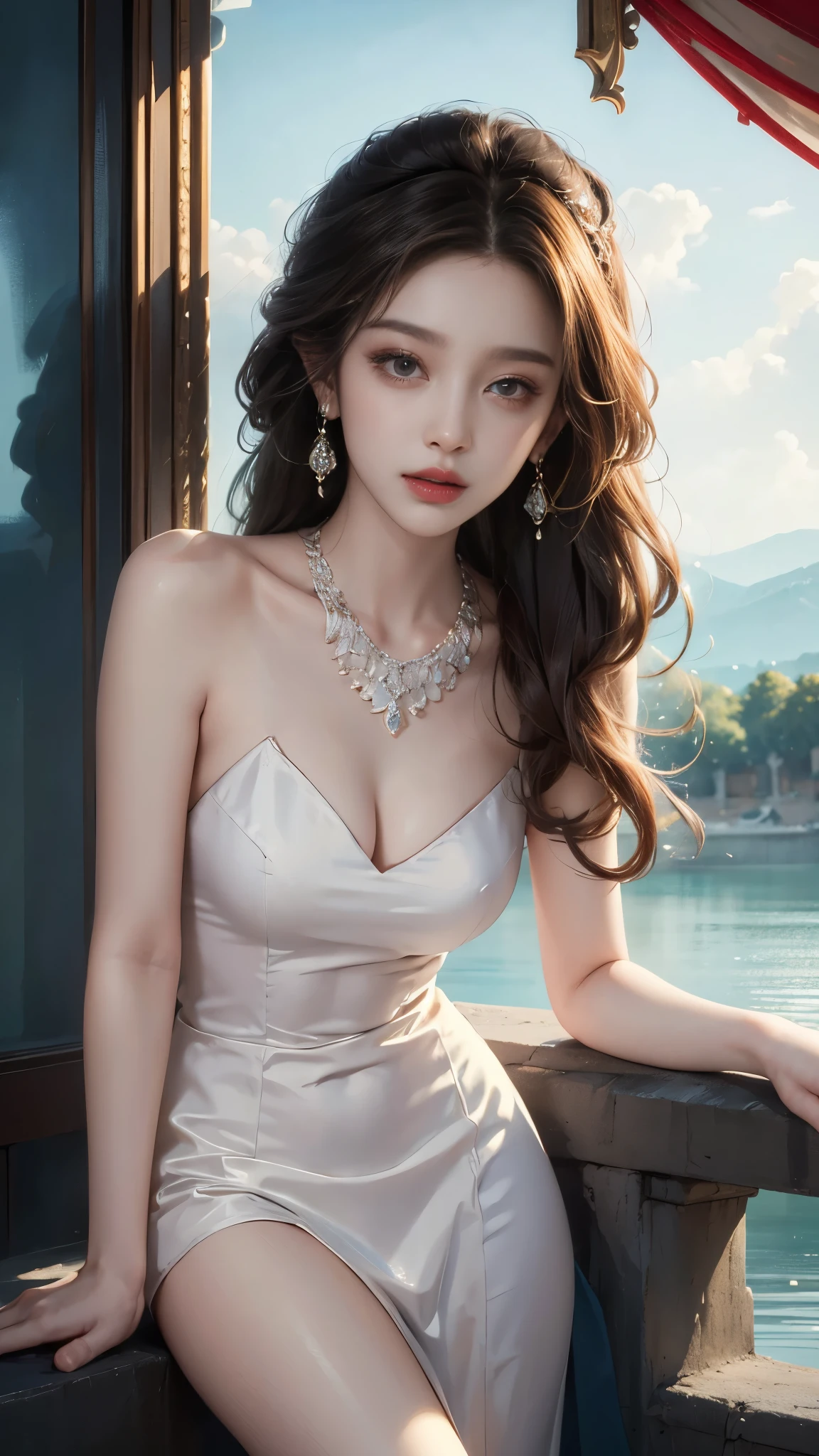 ((whole body)), ((from below)), Yushuxin,1 girl,alone, ((stand up, leaning on ledge)), ((lean forward)), ((The features are clear, clear face, clear face)), red lips, cosmetics, close-up, elegant姿势, seductive pose, Perfect Curve, Slim, Sexy, big breasts, split, beautiful legs, charming gaze, bite lip, messy long hair, Simple and casual scene, Very detailed, Ultra-clear, best quality, official art, exquisite earrings, exquisite necklace, Very detailed description, Super beautiful painting, Sophisticated functionality, elegant, beautiful, Super fine details, masterpiece, Authentic texture, Realistic movie lighting, masterpiece, best quality