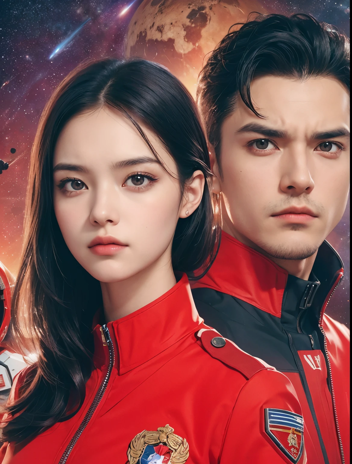 One handsome man and one beautiful woman. The two are in their early twenties. The two are looking at the camera with angry expressions. Both men are wearing red SS uniforms. Images of Mars and outer space appear in the space behind them.The man has black hair and the woman has dark brown hair.