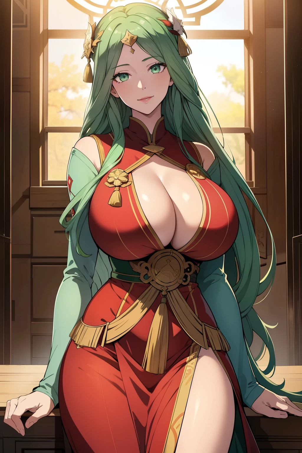 An anime-style artwork depicting rhea from the game Fire Emblem: Three Houses.

Tags: rhea, anime, detailed eyes, detailed lips, green hair, red chinese dress, smiling expression, intense gaze, glowing emblem on hand, dynamic pose, mystical background, vibrant colors, digital art, high-resolution, professional quality, gigantic breasts, cleavage, huge tits.