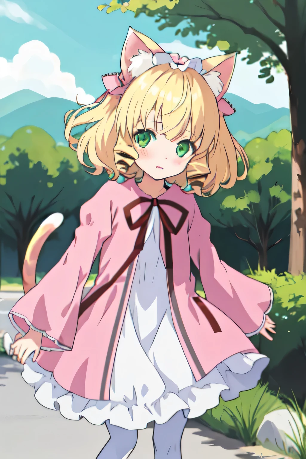 1 girl, alone, hair ribbon, Cat ear, long hair, blonde hair, green eyes, short hair, pink dress, 白いCat ear, white pantyhose, Hinaichigo, outdoors, 