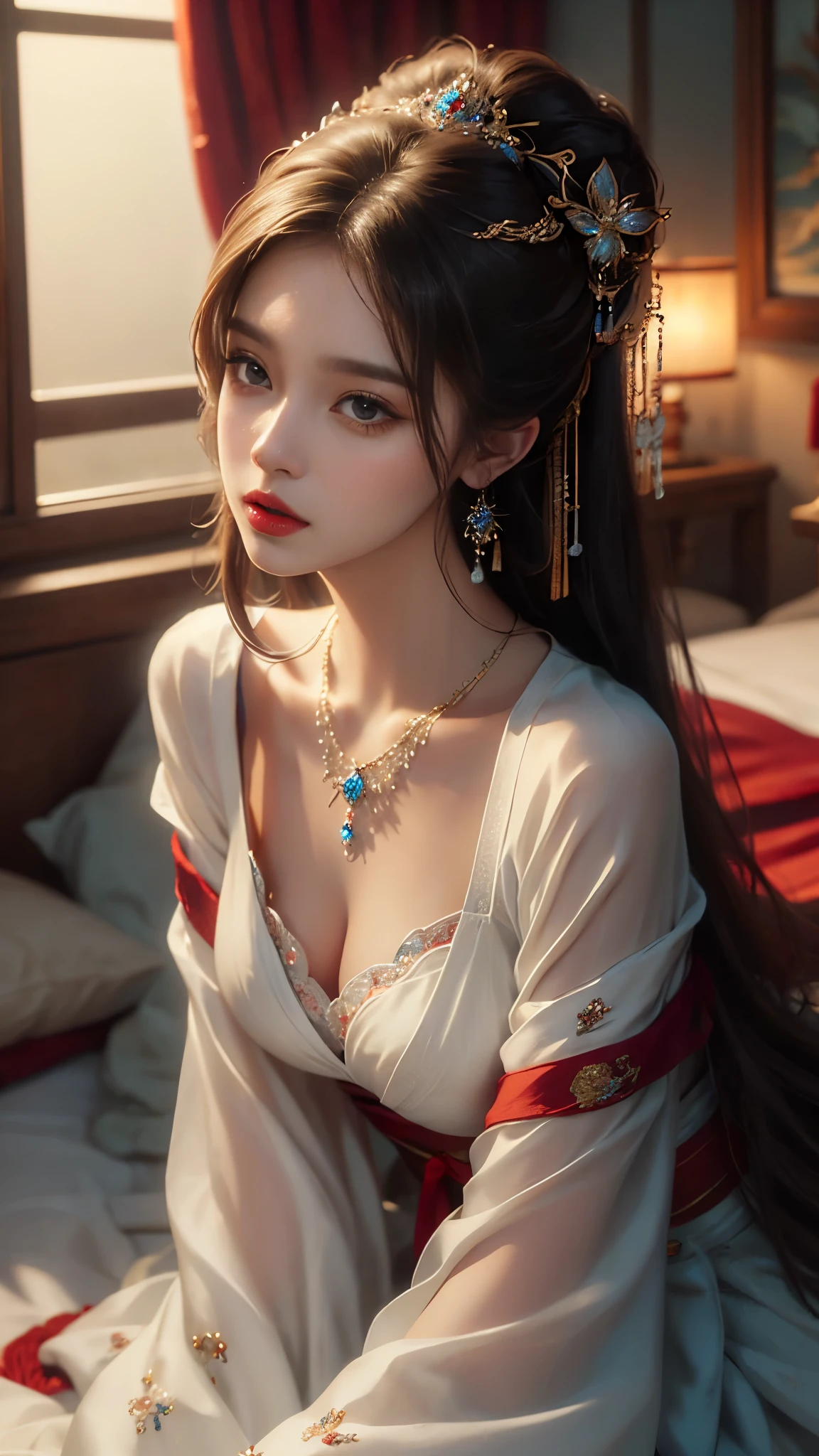 ((whole body)), ((from below)), Yushuxin,1 girl,alone, ((stand up, leaning on ledge)), ((lean forward)), ((The features are clear, clear face, clear face)), red lips, cosmetics, close-up, elegant姿势, seductive pose, Perfect Curve, Slim, Sexy, big breasts, split, beautiful legs, charming gaze, bite lip, messy long hair, Simple and casual scene, Very detailed, Ultra-clear, best quality, official art, exquisite earrings, exquisite necklace, Very detailed description, Super beautiful painting, Sophisticated functionality, elegant, beautiful, Super fine details, masterpiece, Authentic texture, Realistic movie lighting, masterpiece, best quality
