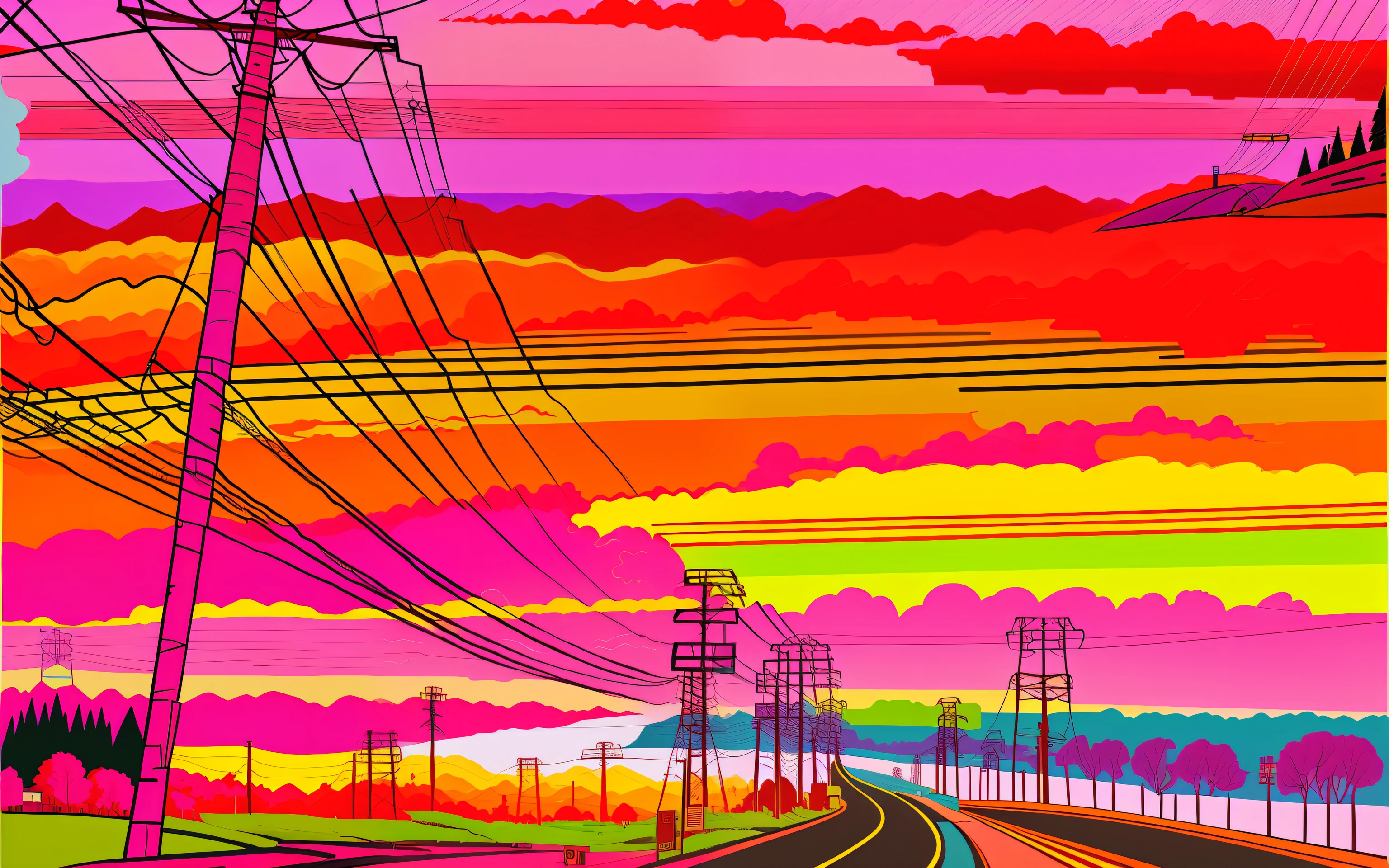 a painting of a road with power lines and telephone poles, color highway, jen bartel, tom hammick, by Anson Maddocks, by Hamish MacDonald, neon road, by Craig Thompson, by John Plumb, michael wellen, by Laura Muntz Lyall, by Paul Lohse, artwork about a road to freedom, by William Powhida