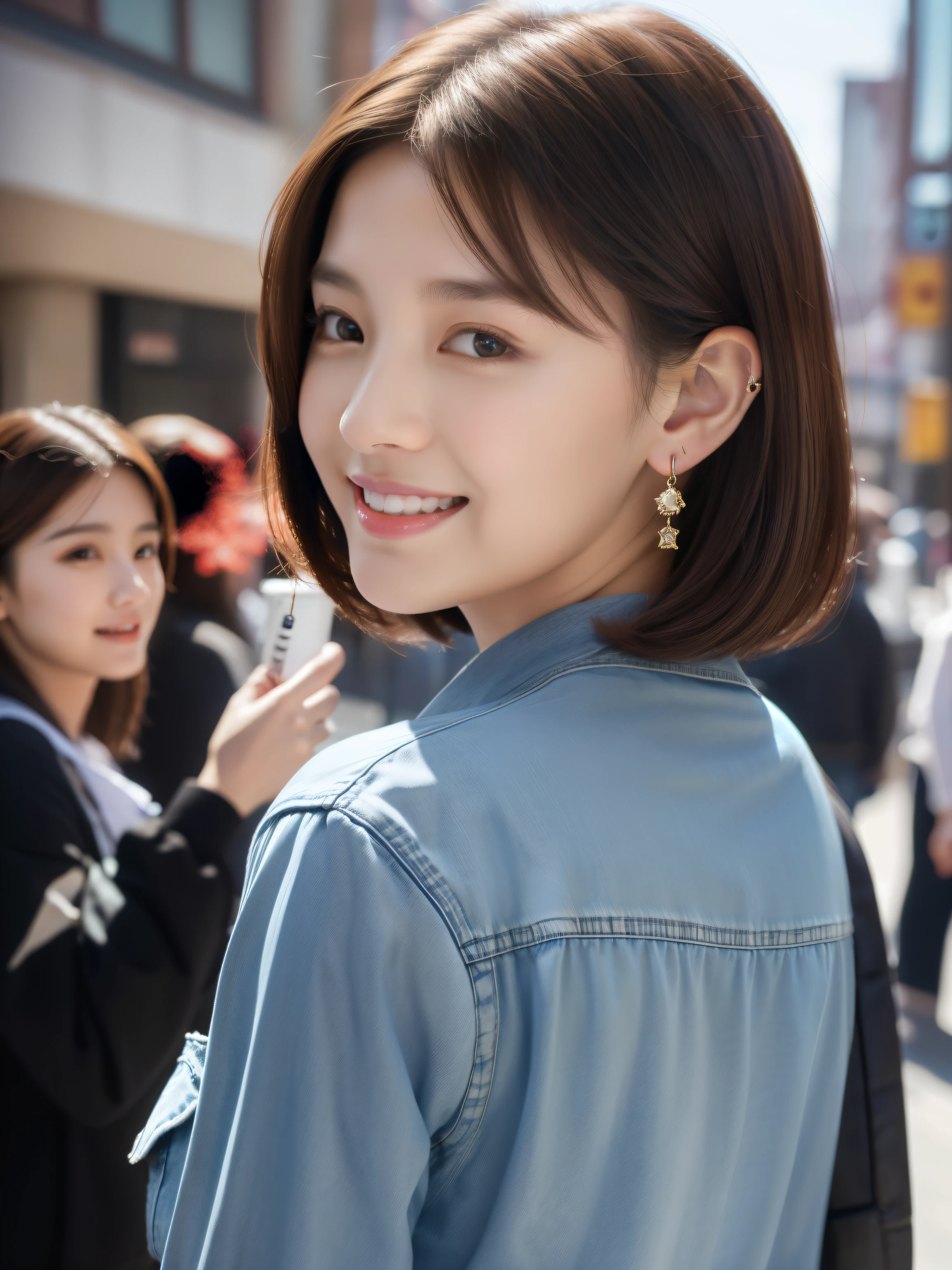 (8k、RAW photo、highest quality、Masseter muscle part:1.2)、Super detailed、super resolution、(realistic、realistic pictures:1.37)、portrait、High-definition RAW color photo、professional photography、hvery detailed and beautiful、very detailed、8k wallpaper、surprisingly detailed、huge file size、official art、very detailed CG Unity 8k wallpapers、very detailed beautiful girl、very detailed顔、very detailed目、very detailed肌、とてもthin指、very detailed nose、very detailed詳細な口、perfect anatomy、hvery detailed back ground、Hvery detailed clothing、1 girl、(18:1.2)、、cute、famous japanese idol、cute、realistic body、、white skin、glowing skin、because I'thin、handsome body、brown haired、bob cut、laughter、cute、Zora々right、cute faces、lifelike face、delicate eyes、ordering sauce、light blue shirt、long sleeve shirt、(button down shirt)、jeans、earrings、looking at camera、cowboy shot、positive、contrapo, draw the background accurately、high street, public, dynamic lighting,