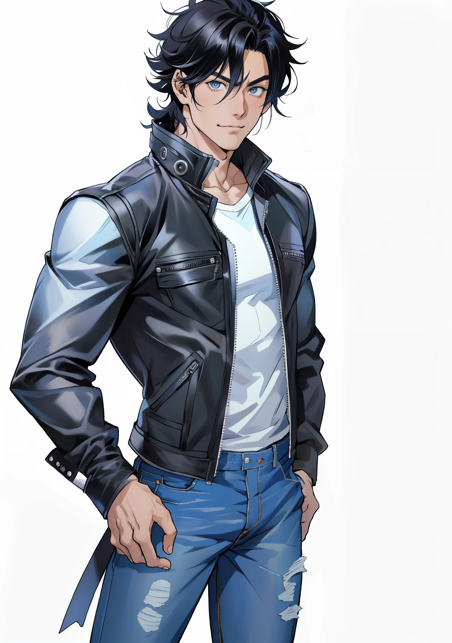 black hairと白いシャツとjeansのanime キャラクター, animeのgood lookingな男, tsurumaki kazuya, good lookingな男のanimeのポートレート, animeの男性キャラクター, デーモンスレイヤーアートのgood lookingな男, Kentaro Miura&#39;s manga art style, black hair、good looking、unkempt、30 generations、anime、Black leather jacket、white shirt with pattern、jeans、slanted eyes、perfect body、muscular、blue eyes、anime風、perfect body、Smile、white background、man with his hands in his pocketan putting his hand on his butt