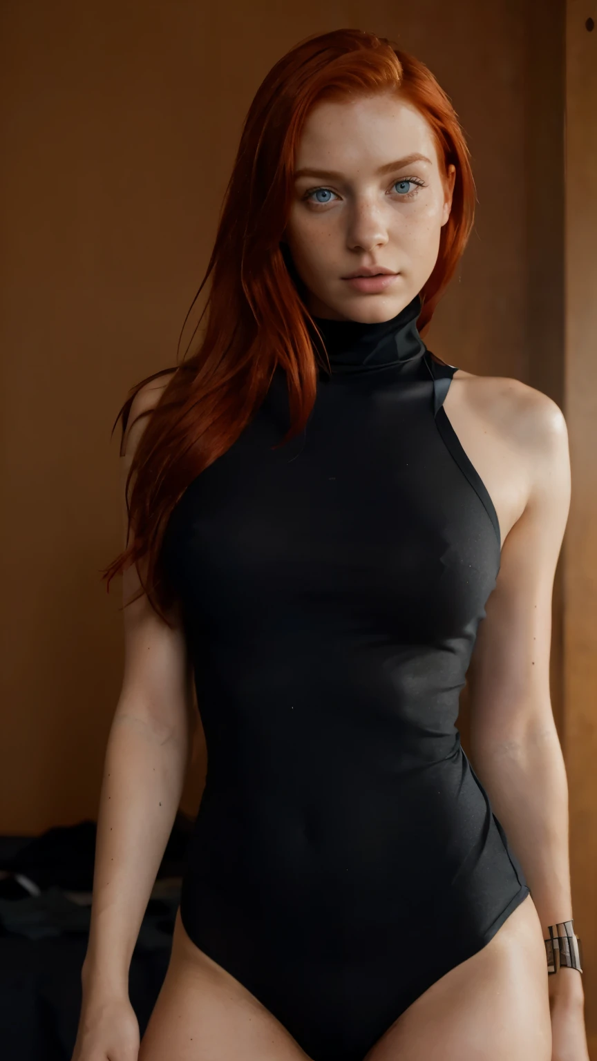 1 Girl, 24 years old, (bright red hair:1.3), shoulder length hair, freckles, blue eyes, photo (photorealism:1.4), realistic anatomy, average breasts, plump lips, pouty lips, Athletic body, Girl from Europe, Not a model, Skin shiny with sweat, Gloomy room, twilight, Color photo, contempt in the eyes, Keen eye, High quality image, Color photo, black turtleneck