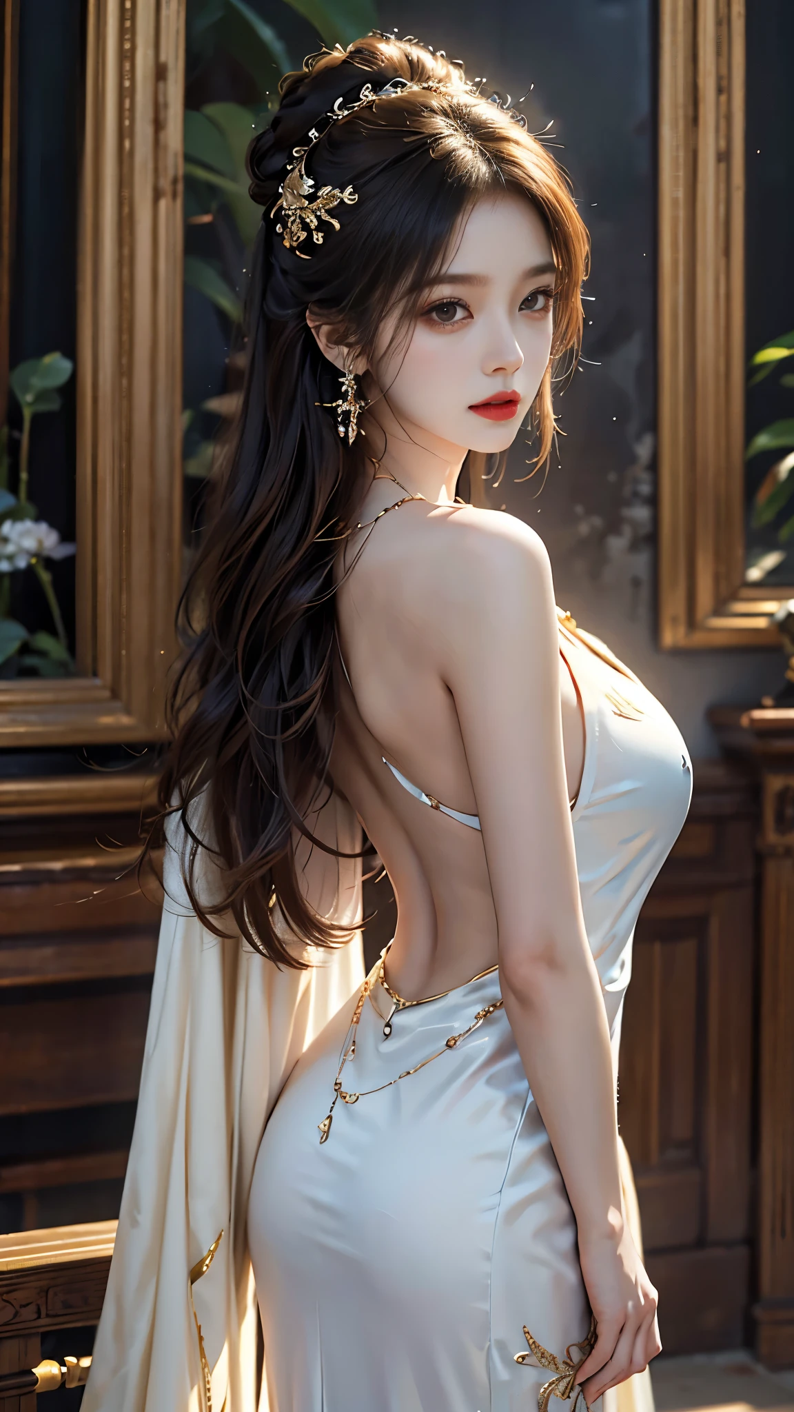 ((whole body)), ((from below)), Yushuxin,1 girl,alone, ((stand up, leaning on ledge)), ((lean forward)), ((The features are clear, clear face, clear face)), red lips, cosmetics, close-up, elegant姿势, seductive pose, Perfect Curve, Slim, Sexy, big breasts, split, beautiful legs, charming gaze, bite lip, messy long hair, Simple and casual scene, Very detailed, Ultra-clear, best quality, official art, exquisite earrings, exquisite necklace, Very detailed description, Super beautiful painting, Sophisticated functionality, elegant, beautiful, Super fine details, masterpiece, Authentic texture, Realistic movie lighting, masterpiece, best quality