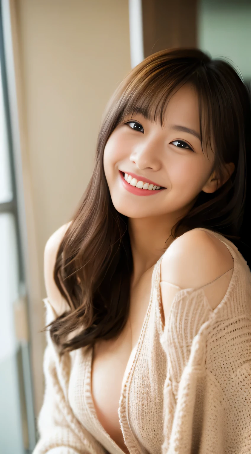 masterpiece,best quality,(Japanese ),((Beautiful girl)),cleavage,indoor,(perfect body beauty:1.2),(shy smile),beautiful teeth,
