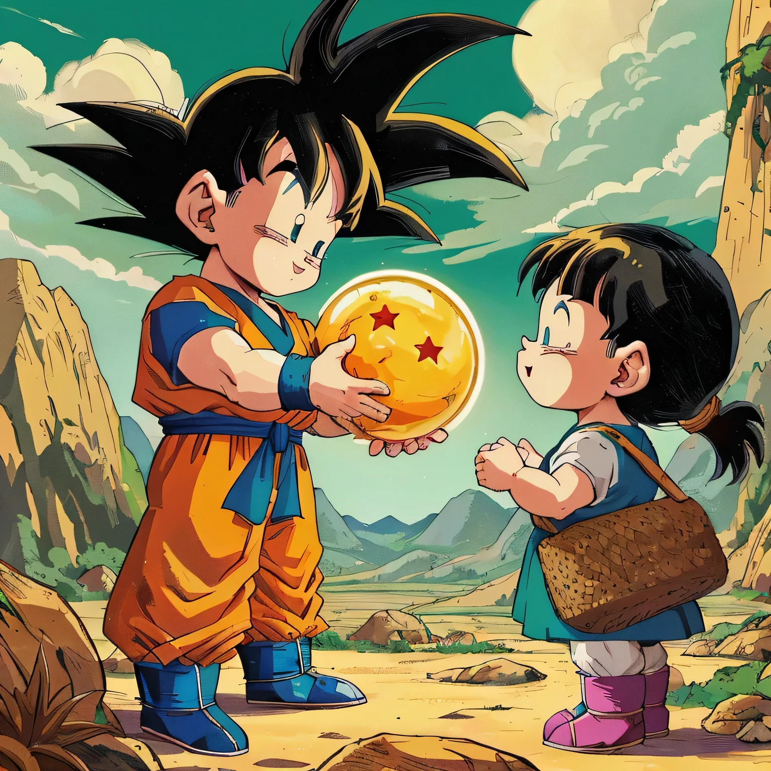 Dragon Ball漫画人物,Sun Wukong,((Boomer)),Encounter at Baozi Mountain,Four Star Dragon Ball,小悟空正将Four Star Dragon Ball交给布尔玛,Verdant jungle,Towering trees and dense shrubbery create a vibrant backdrop,The entire picture adopts the techniques of comics and illustrations,Show the innocence of childhood and the warmth of friendship。