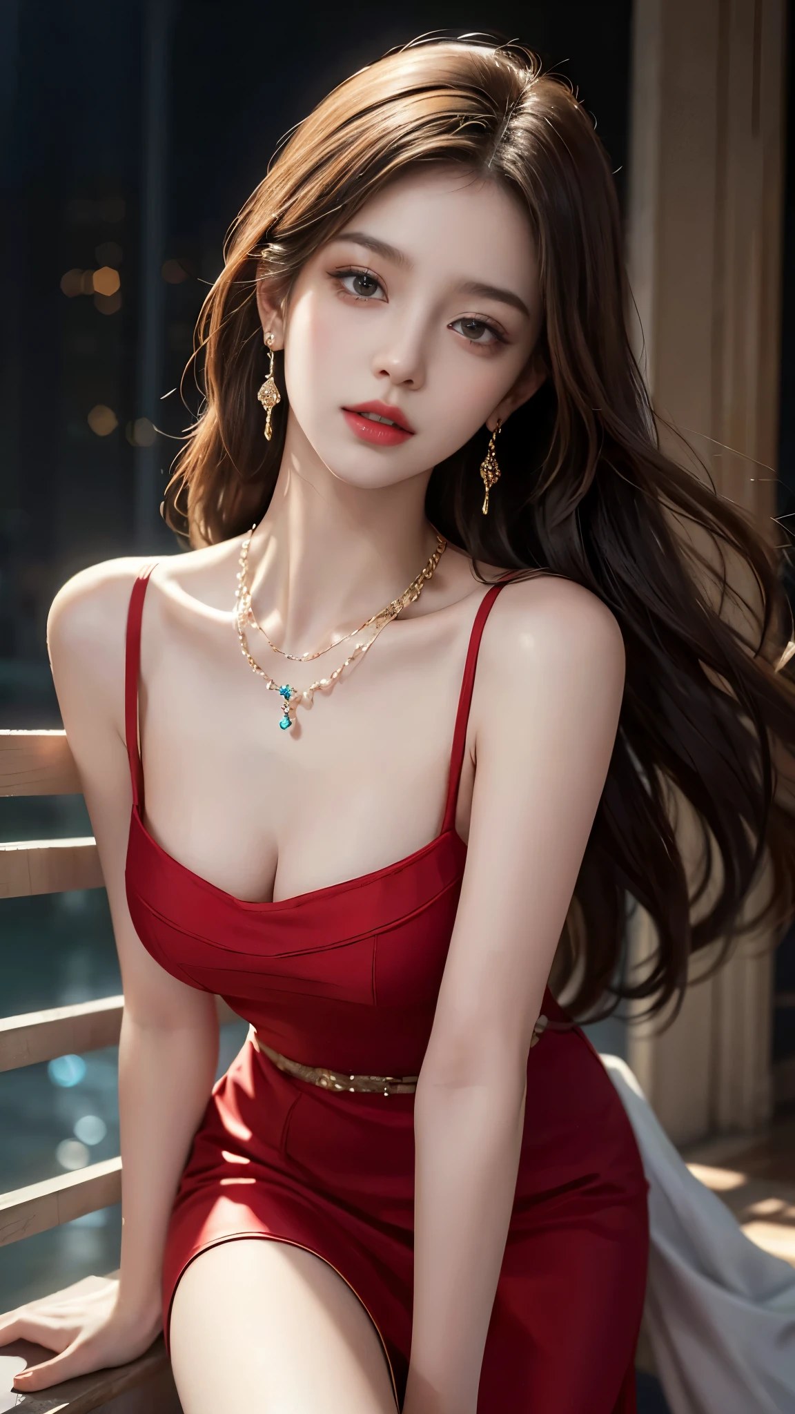 ((whole body)), ((from below)), Yushuxin,1 girl,alone, ((stand up, leaning on ledge)), ((lean forward)), ((The features are clear, clear face, clear face)), red lips, cosmetics, close-up, elegant姿势, seductive pose, Perfect Curve, Slim, Sexy, big breasts, split, beautiful legs, charming gaze, bite lip, messy long hair, Simple and casual scene, Very detailed, Ultra-clear, best quality, official art, exquisite earrings, exquisite necklace, Very detailed description, Super beautiful painting, Sophisticated functionality, elegant, beautiful, Super fine details, masterpiece, Authentic texture, Realistic movie lighting, masterpiece, best quality