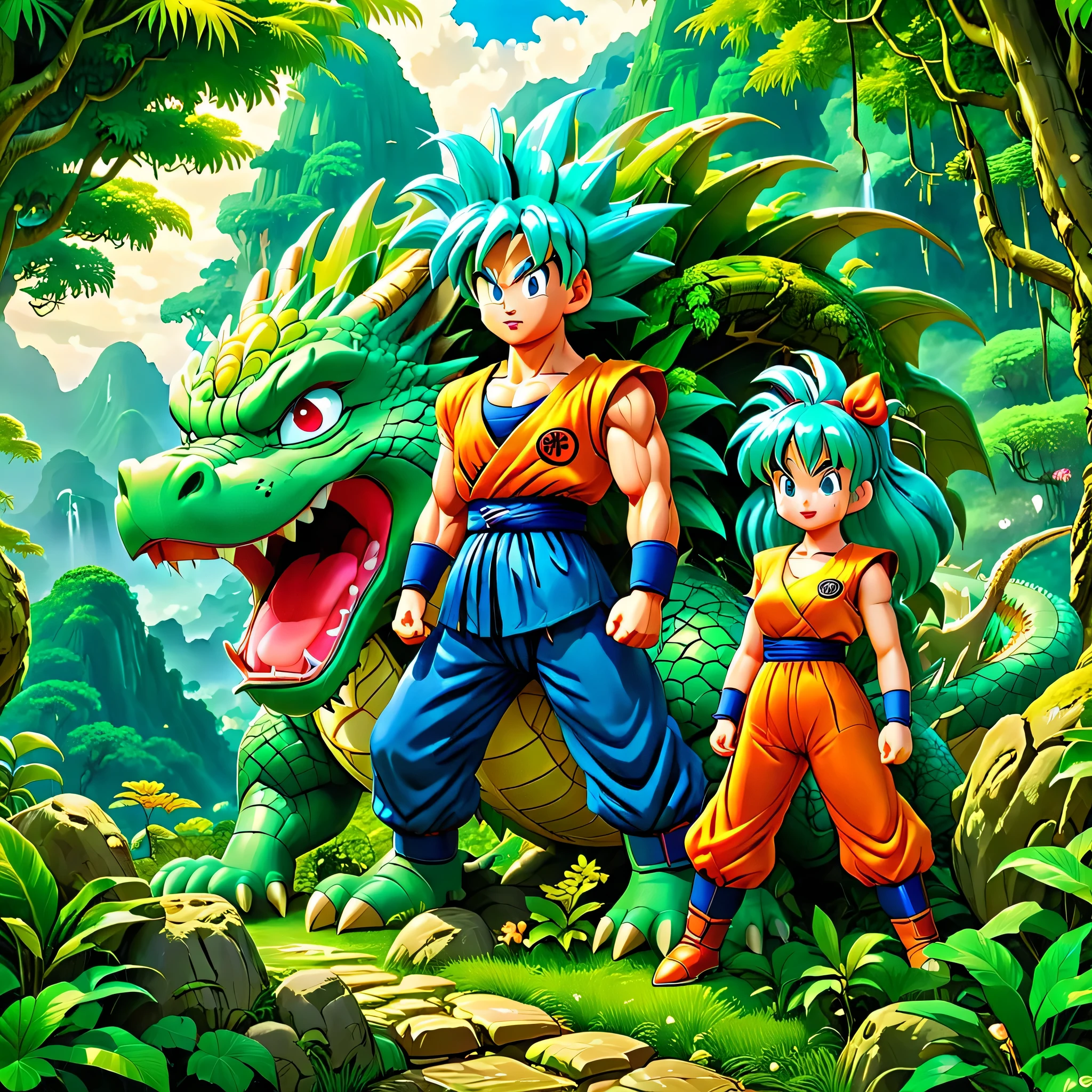 Dragon Ball漫画人物,Sun Wukong,((Boomer)),Encounter at Baozi Mountain,Four Star Dragon Ball,Verdant jungle,Towering trees and dense shrubbery create a vibrant backdrop