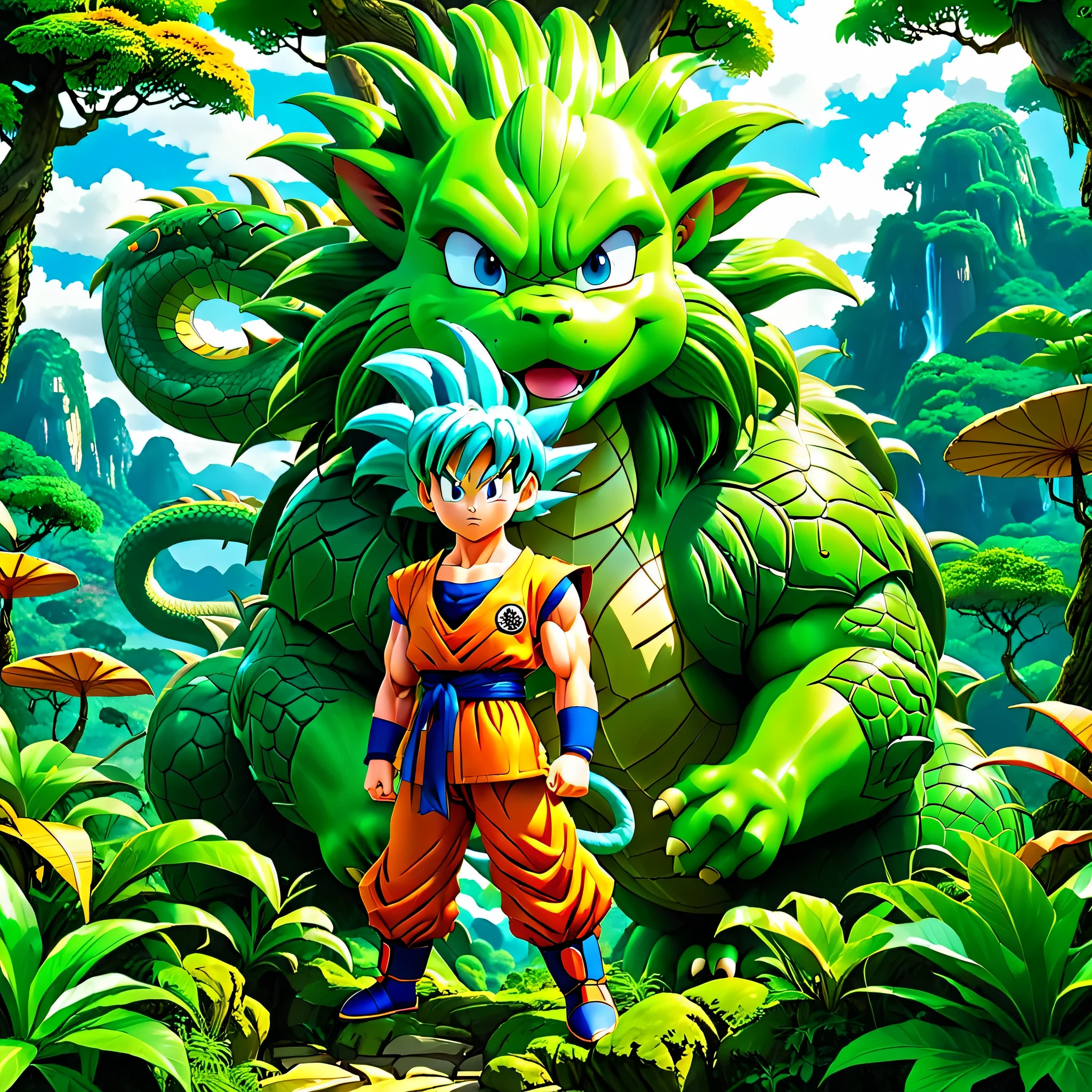 dragon ball，Sun Wukong，Boomer，Encounter at Baozi Mountain，Four Star dragon ball，Verdant jungle，Towering trees and dense shrubbery create a vibrant backdrop