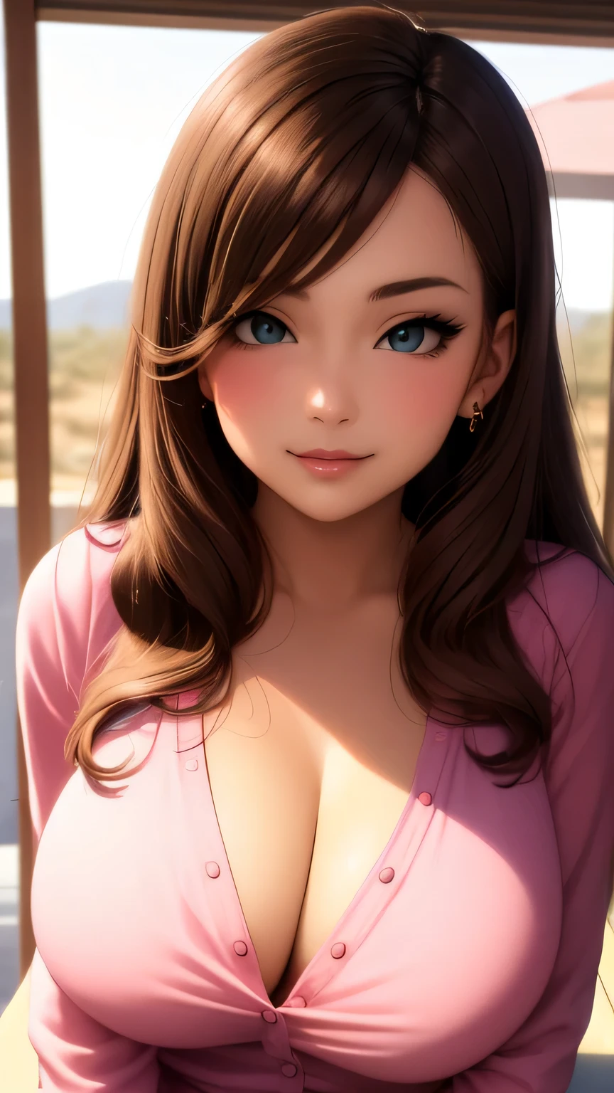 (masterpiece, best quality), intricate details, beautiful girl, brown hair, bright eyes, pink blouse outfit, revealing, big breasts, long messy hair, pretty lips, close up, smirk,  sunnt desert setting, sexy, jewelry, bright, sultry, luxurious,