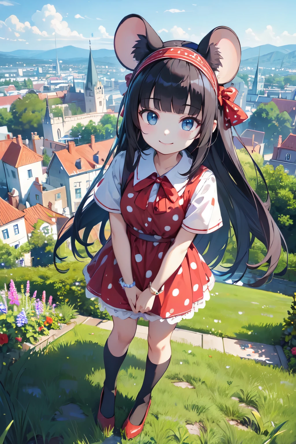n 8K, Best Quality, Master Piece: 1.2),Ultra High Resolution,1 cute girl,full body,standing,ultra-detailed face, (detailed eyes),blunt bangs,straight hair, long hair,smile,mouse ears,black hair,white lace,red polka-dot pattern short sleeve red dress,red polka-dot pattern headband,(red:1.2),knee high socks,plain patterned pumps,professional writing,shot from above,garden、You can see the castle in the background
