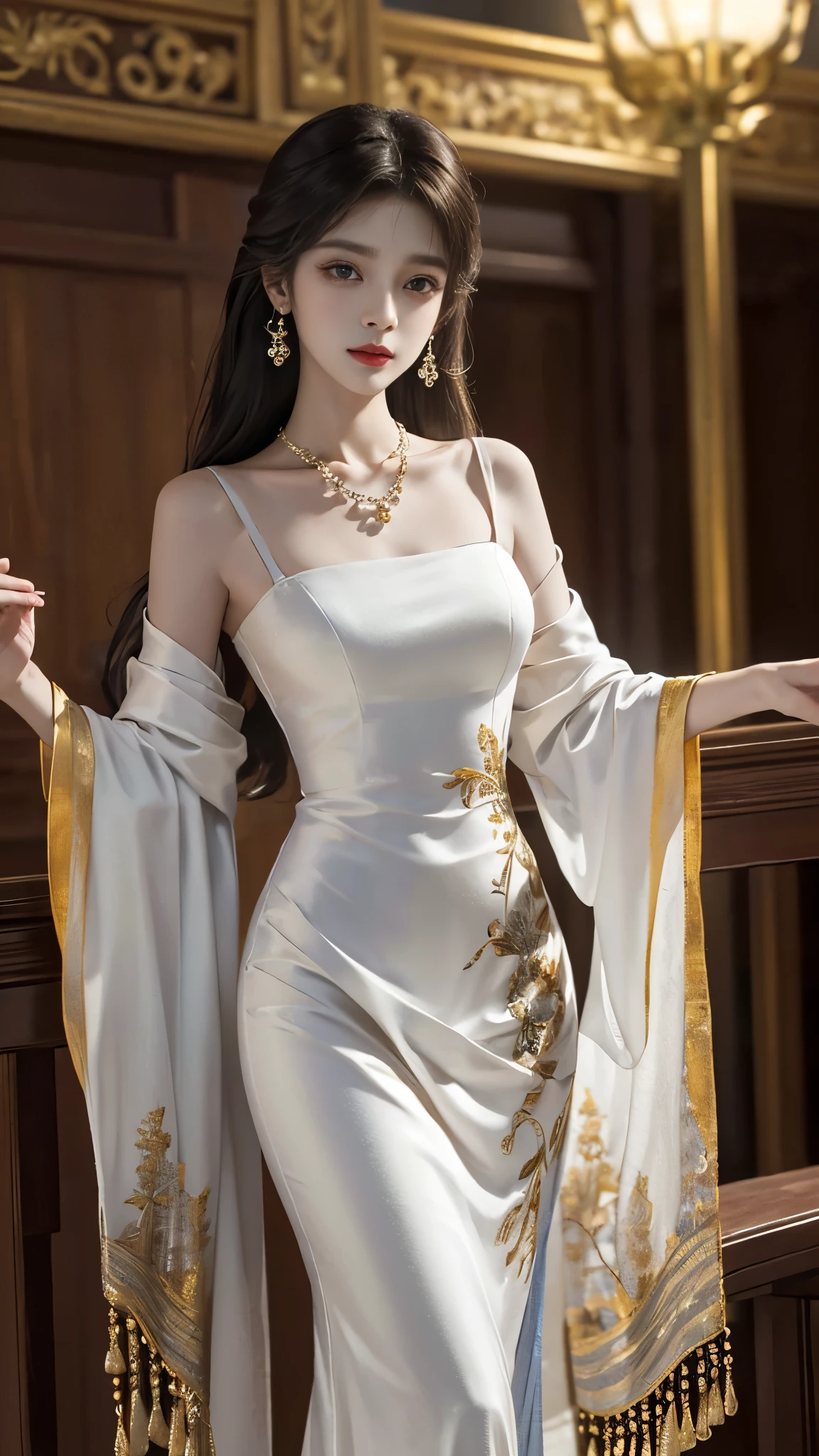 ((whole body)), ((from below)), Yushuxin,1 girl,alone, ((stand up, leaning on ledge)), ((lean forward)), ((The features are clear, clear face, clear face)), red lips, cosmetics, close-up, elegant姿势, seductive pose, Perfect Curve, Slim, Sexy, big breasts, split, beautiful legs, charming gaze, bite lip, messy long hair, Simple and casual scene, Very detailed, Ultra-clear, best quality, official art, exquisite earrings, exquisite necklace, Very detailed description, Super beautiful painting, Sophisticated functionality, elegant, beautiful, Super fine details, masterpiece, Authentic texture, Realistic movie lighting, masterpiece, best quality