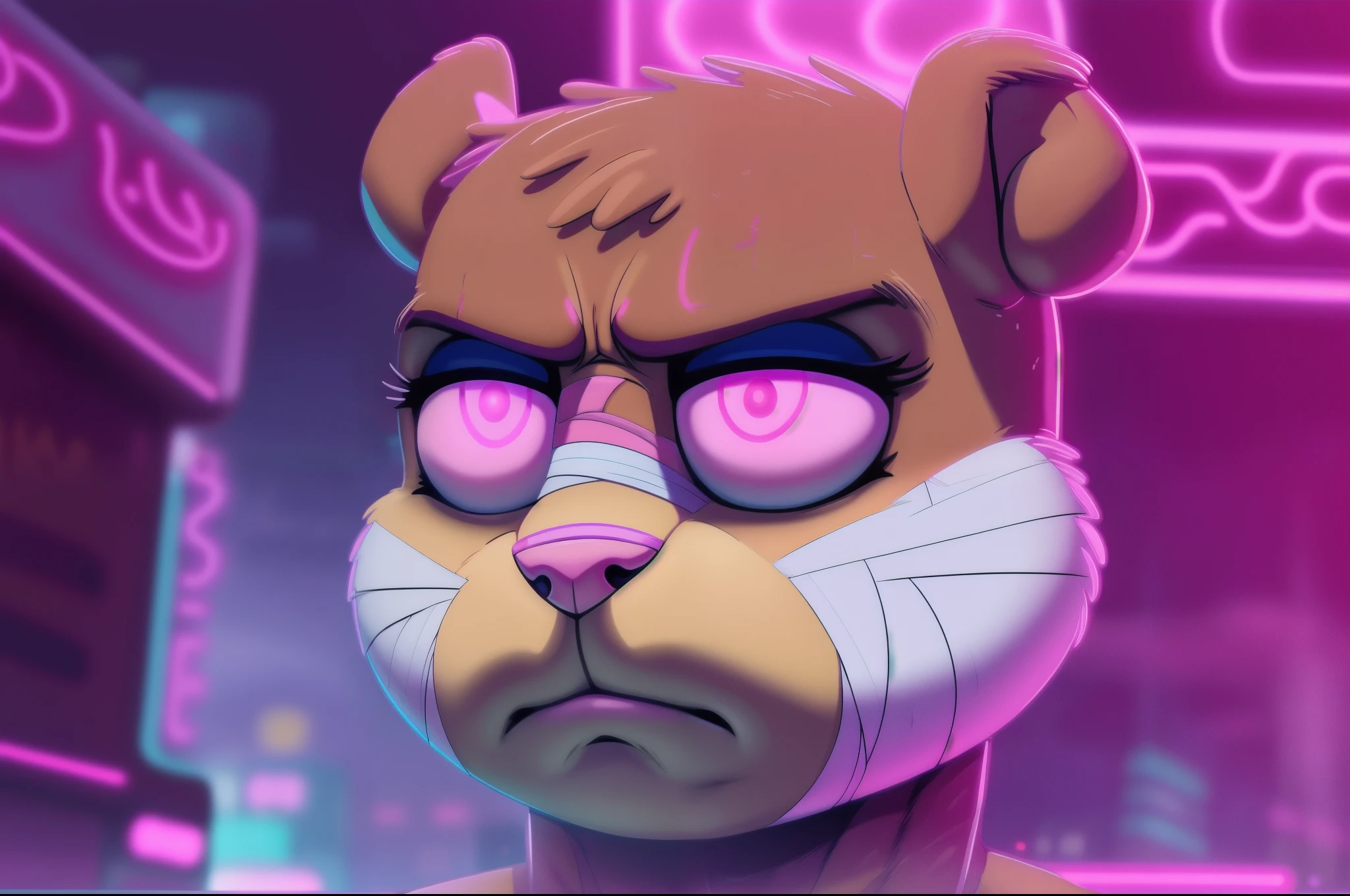 you look lonely scene, (best quality:1.1), (masterpiece:1.2), (absurdres:1.0), portrait, upperbody, 1girl, night, bladerunner 2049, upset, sad, beaten up face, bandages, broken nose, nose bandage, sandy-cheeks, cyberpunk city background with pink neon lights,