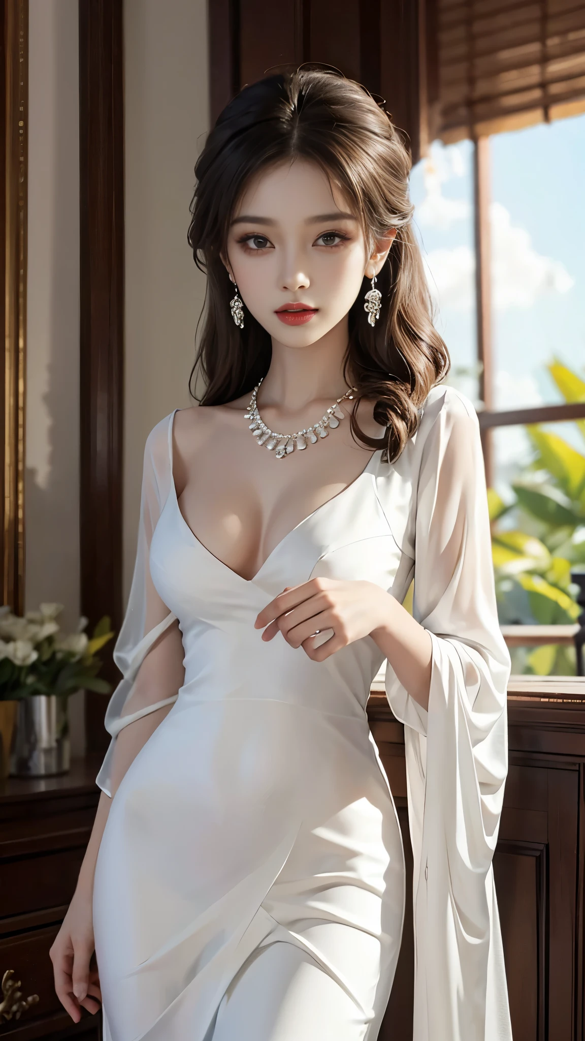 ((whole body)), ((from below)), Yushuxin,1 girl,alone, ((stand up, leaning on ledge)), ((lean forward)), ((The features are clear, clear face, clear face)), red lips, cosmetics, close-up, elegant姿势, seductive pose, Perfect Curve, Slim, Sexy, big breasts, split, beautiful legs, charming gaze, bite lip, messy long hair, Simple and casual scene, Very detailed, Ultra-clear, best quality, official art, exquisite earrings, exquisite necklace, Very detailed description, Super beautiful painting, Sophisticated functionality, elegant, beautiful, Super fine details, masterpiece, Authentic texture, Realistic movie lighting, masterpiece, best quality