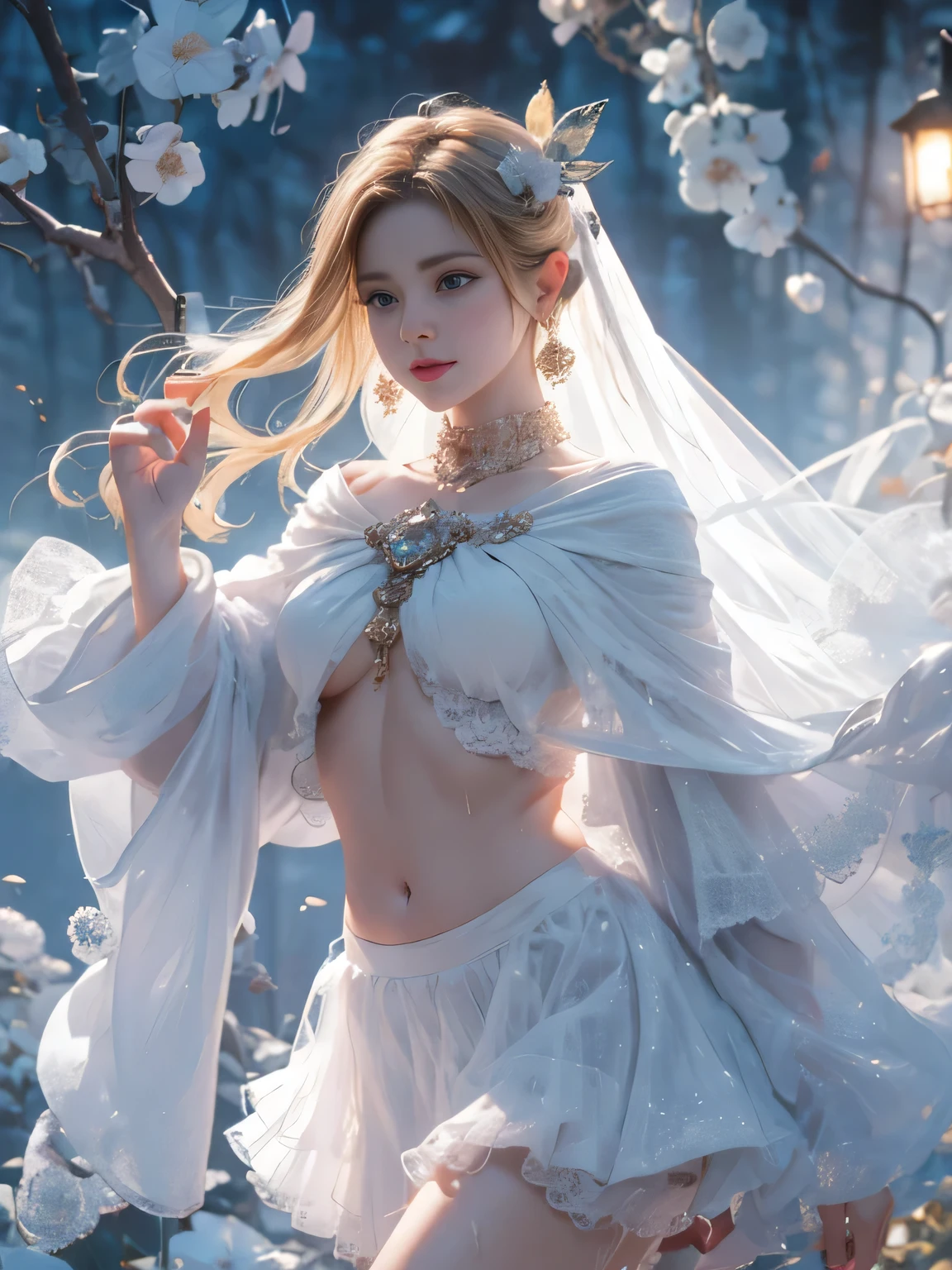 (8k extremely detailed CG unit wallpaper),(best qualtiy),(Best Illustrations),(Best Shadow), (detail: 1.4), 。.。.。.。.。.。.。.3D, nffsw(High dynamic range), light tracing, NVIDIA RTX, Hyper-Resolution, Sub-surface scattering, PBR Texture, Post-processing, Anisotropy Filtering, depthoffield, Maximum sharpness and acutance, Multilayer Texture, Albedo e mapas Speculares, Surface Coloring, Accurate simulation of light-material interactions, Perfectly proportioned, octane renderings, Two-tone illumination, Wide aperture , Low ISO,White Balance,trichotomy,8K Raw,intricate-detail, delicate patterns, deep-shadows, masterpiece, Lifelike, Roughness, A hyper-realistic, photographed in a Canon EOS R5, 50mm Lens, F/2.8, Sharp Focus, Smoothing, Roughness, Real life, photorealistc, Cinematography, 8K UHD,in flower field,Blue Flower Girl,1 girl,solo,European,Beautiful bride,lightsmile,Highly detailed blonde hair,maturefemale,Sky Blue Gossamer Veil,Sky blue gossamer cloak,Sky blue Gossamer coat,multicolors gossamer skirt,Sky blue lace underwear,Sky Blue Lace,Sky Blue Gossamer Gloves,gargantilha,earrings,jewely,trinkets,Head dress,Hand ornaments,leg ornaments,high-heels,small breast , mini breasts,little boob,nice breasts,small breasts,nice breasts,Expose your breasts,uncovered breasts,Narrow waist,Bare ass,ass large,Bare belly,Bare navel,Wet,Wet body,sweating body,Shiny skin,