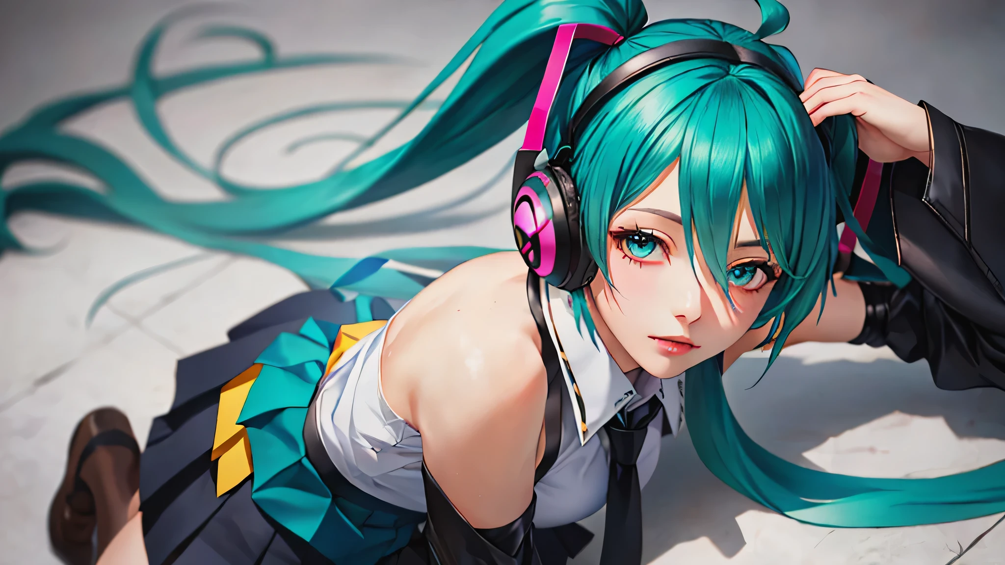 realistic, perfect lighting, (masterpiece, highest quality, very detailed, High resolution:1.4), very detailed eyes, 1 girl, mature woman, face of ideas, hatsunemiku, (hatsune miku, Shining Aiku Hatsune, Ahoge, aqua eye, aqua hair, crossed bangs, hair between eyes, hair ornaments, headphones, long hair, twin tails, aqua tie, black shoes, black skirt, black sleeves, boots, collared shirt, removed sleeve, grey shirt, tie, pleated skirt, shirt, skirt, sleeveless, sleeveless shirt, thigh boots, tieピン, Upper body, close-up from above, written boundary depth, looking at the viewer、perfect body,(lie:1.3)