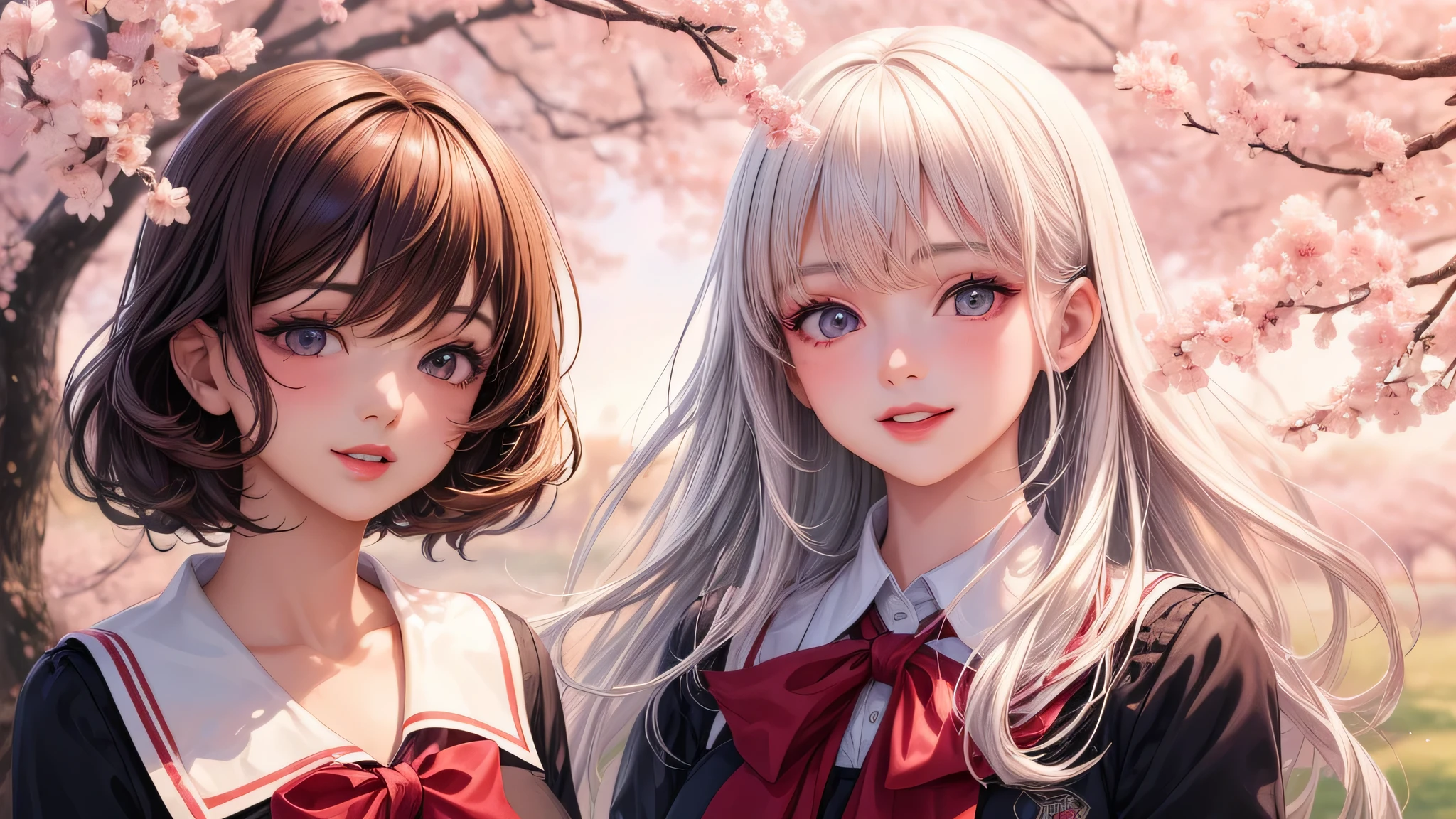 (2 girls:1.2), incredibly beautiful face, compensate, lipstick, enchanting smile, (school uniform, mini skirt:1.2), (highest quality: 1.4), (Super detailed), (highest quality:1.4), (super detailed), evening, (anime illustration), very high resolution, (Upper body), close up face, cherry blossoms, cherry blossoms