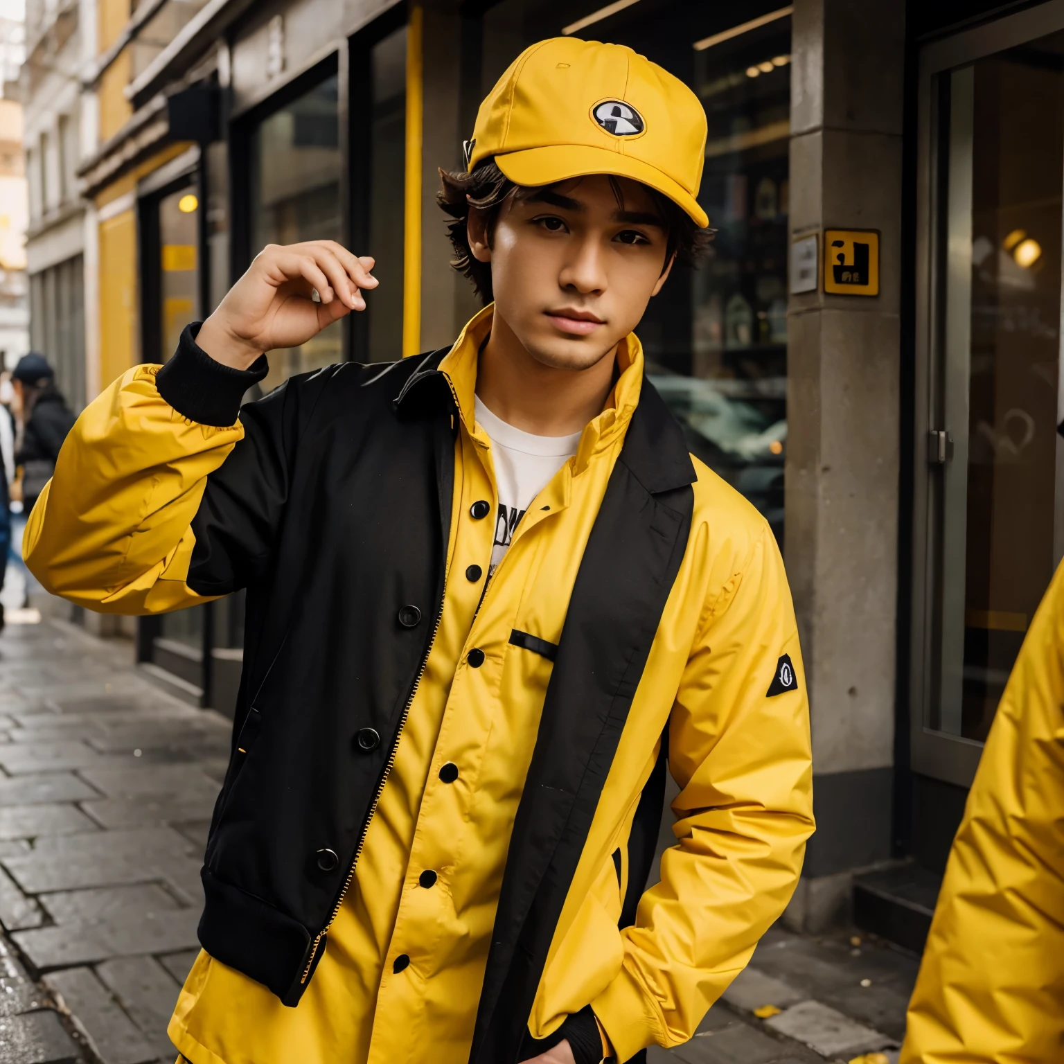 Chico estilo anime con un abrigo y gorra de pato amarillo