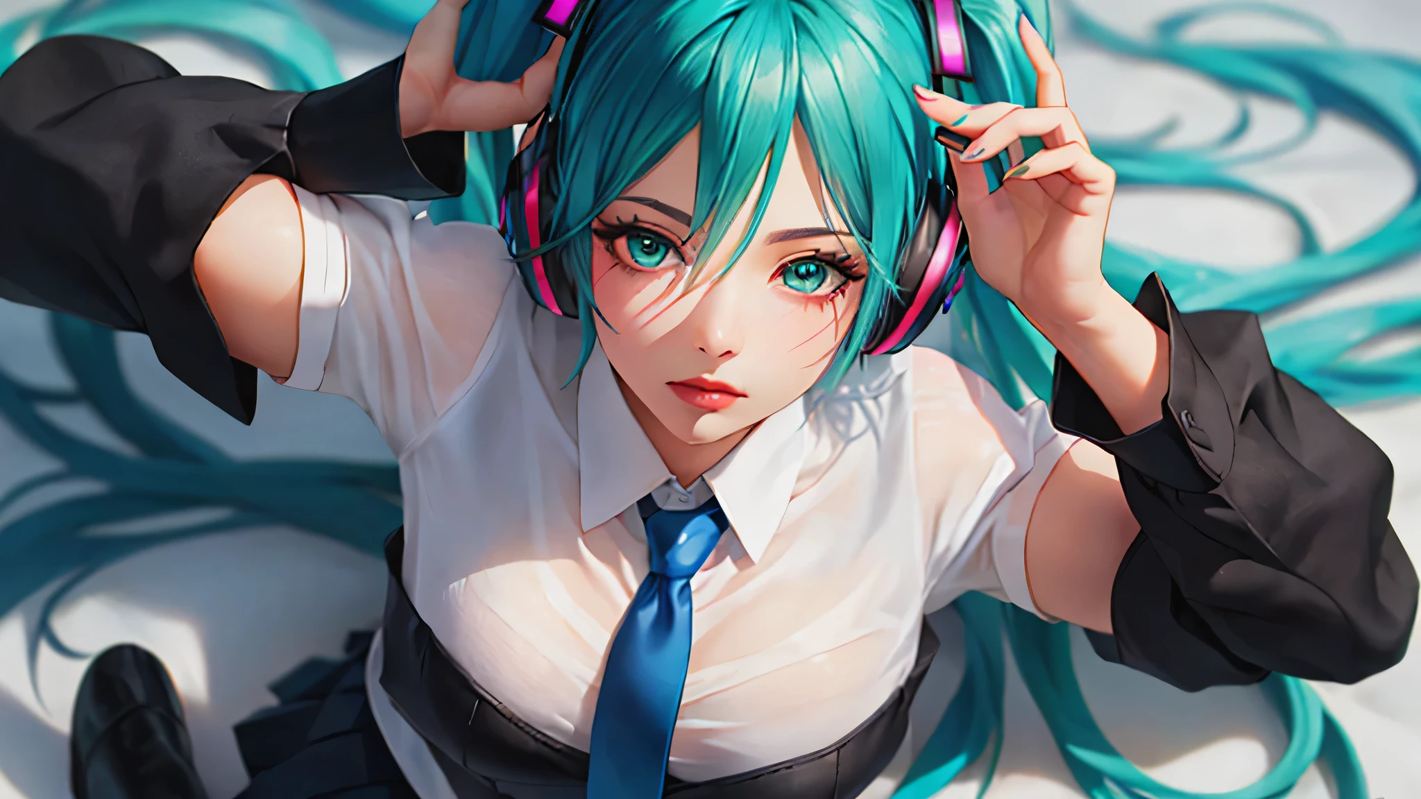 realistic, perfect lighting, (masterpiece, highest quality, very detailed, High resolution:1.4), very detailed eyes, 1 girl, mature woman, face of ideas, hatsunemiku, (hatsune miku, Shining Aiku Hatsune, Ahoge, aqua eye, aqua hair, crossed bangs, hair between eyes, hair ornaments, headphones, long hair, twin tails, aqua tie, black shoes, black skirt, black sleeves, boots, collared shirt, removed sleeve, grey shirt, tie, pleated skirt, shirt, skirt, sleeveless, sleeveless shirt, thigh boots, tieピン, Upper body, close-up from above, written boundary depth, looking at the viewer、perfect body,(lie:1.3)