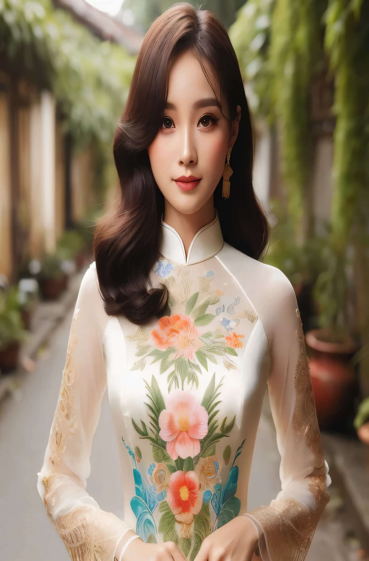 araffe woman in a white dress standing in a narrow alley, aodai, Cheongsam, dans le style de Lam Manh, Robe chinoise, porter des vêtements en soie ornés, traditionnel, merde mon esprit, femme vietnamienne, traditionnel art, traditionnel beauty, dame avec une robe fleurie lumineuse, demain frère tran, traditionnel tai costume, vêtements traditionnels chinois, robe traditionnelle