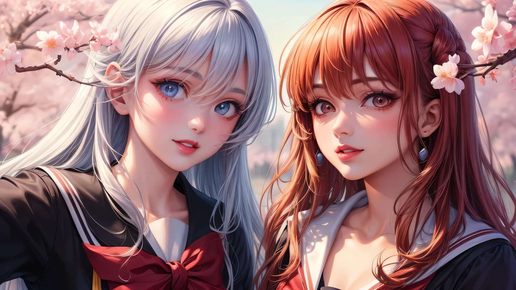 (2 girls:1.2), incredibly beautiful face, compensate, lipstick, enchanting smile, (school uniform, mini skirt:1.2), (highest quality: 1.4), (Super detailed), (highest quality:1.4), (super detailed), evening, (anime illustration), very high resolution, (Upper body), close up face, cherry blossoms, cherry blossomsの木,