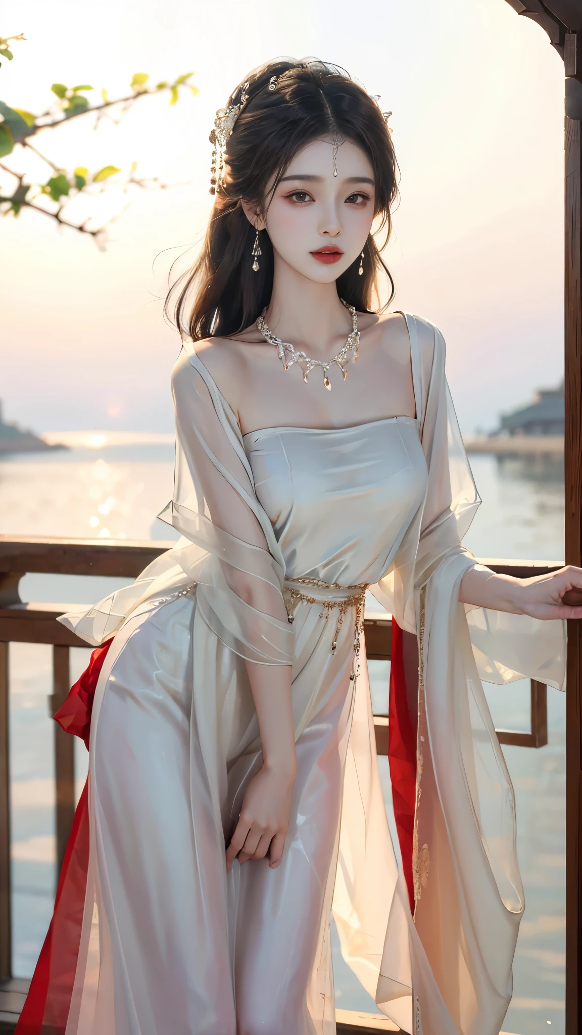 ((whole body)), ((from below)), Yushuxin,1 girl,alone, ((stand up, leaning on ledge)), ((lean forward)), ((The features are clear, clear face, clear face)), red lips, cosmetics, close-up, elegant姿势, seductive pose, Perfect Curve, Slim, Sexy, big breasts, split, beautiful legs, charming gaze, bite lip, messy long hair, Simple and casual scene, Very detailed, Ultra-clear, best quality, official art, exquisite earrings, exquisite necklace, Very detailed description, Super beautiful painting, Sophisticated functionality, elegant, beautiful, Super fine details, masterpiece, Authentic texture, Realistic movie lighting, masterpiece, best quality