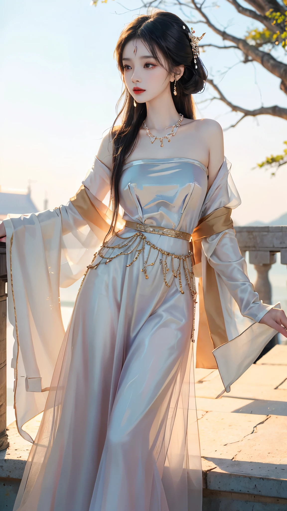 ((whole body)), ((from below)), Yushuxin,1 girl,alone, ((stand up, leaning on ledge)), ((lean forward)), ((The features are clear, clear face, clear face)), red lips, cosmetics, close-up, elegant姿势, seductive pose, Perfect Curve, Slim, Sexy, big breasts, split, beautiful legs, charming gaze, bite lip, messy long hair, Simple and casual scene, Very detailed, Ultra-clear, best quality, official art, exquisite earrings, exquisite necklace, Very detailed description, Super beautiful painting, Sophisticated functionality, elegant, beautiful, Super fine details, masterpiece, Authentic texture, Realistic movie lighting, masterpiece, best quality