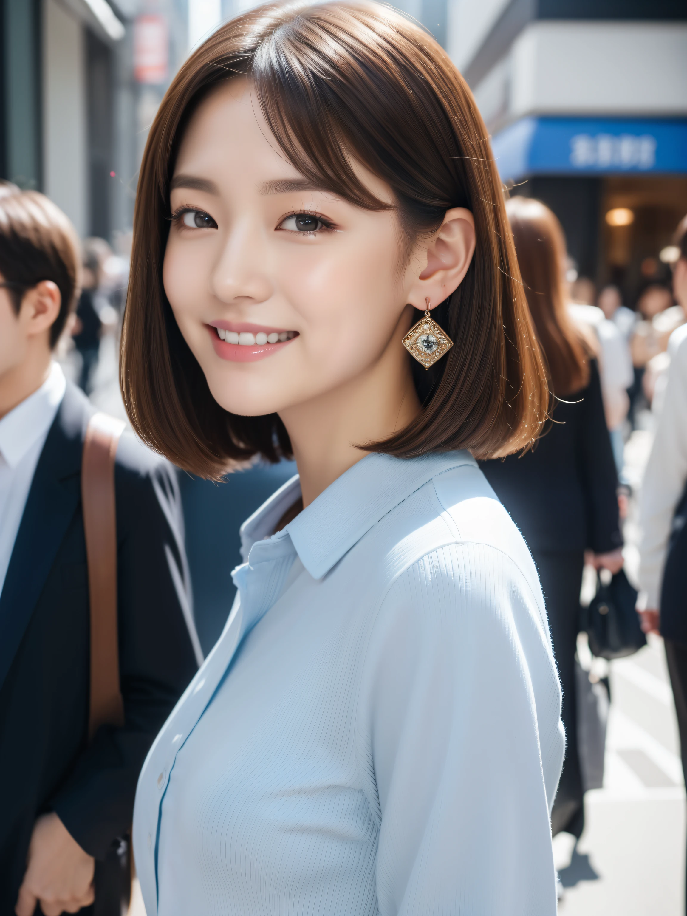 (8k、RAW photo、highest quality、Masseter muscle part:1.2)、Super detailed、super resolution、(realistic、realistic pictures:1.37)、portrait、High-definition RAW color photo、professional photography、hvery detailed and beautiful、very detailed、8k wallpaper、surprisingly detailed、huge file size、official art、very detailed CG Unity 8k wallpapers、very detailed beautiful girl、very detailed顔、very detailed目、very detailed肌、とてもthin指、very detailed nose、very detailed詳細な口、perfect anatomy、hvery detailed back ground、Hvery detailed clothing、1 girl、(18:1.2)、、cute、famous japanese idol、cute、realistic body、、white skin、glowing skin、because I&#39;thin、handsome body、brown haired、bob cut、laughter、cute、Zora々right、cute faces、lifelike face、delicate eyes、ordering sauce、light blue shirt、long sleeve shirt、（button down shirt）、earrings、looking at camera、cowboy shot、positive、contrapo, draw the background accurately、high street, public, dynamic lighting,