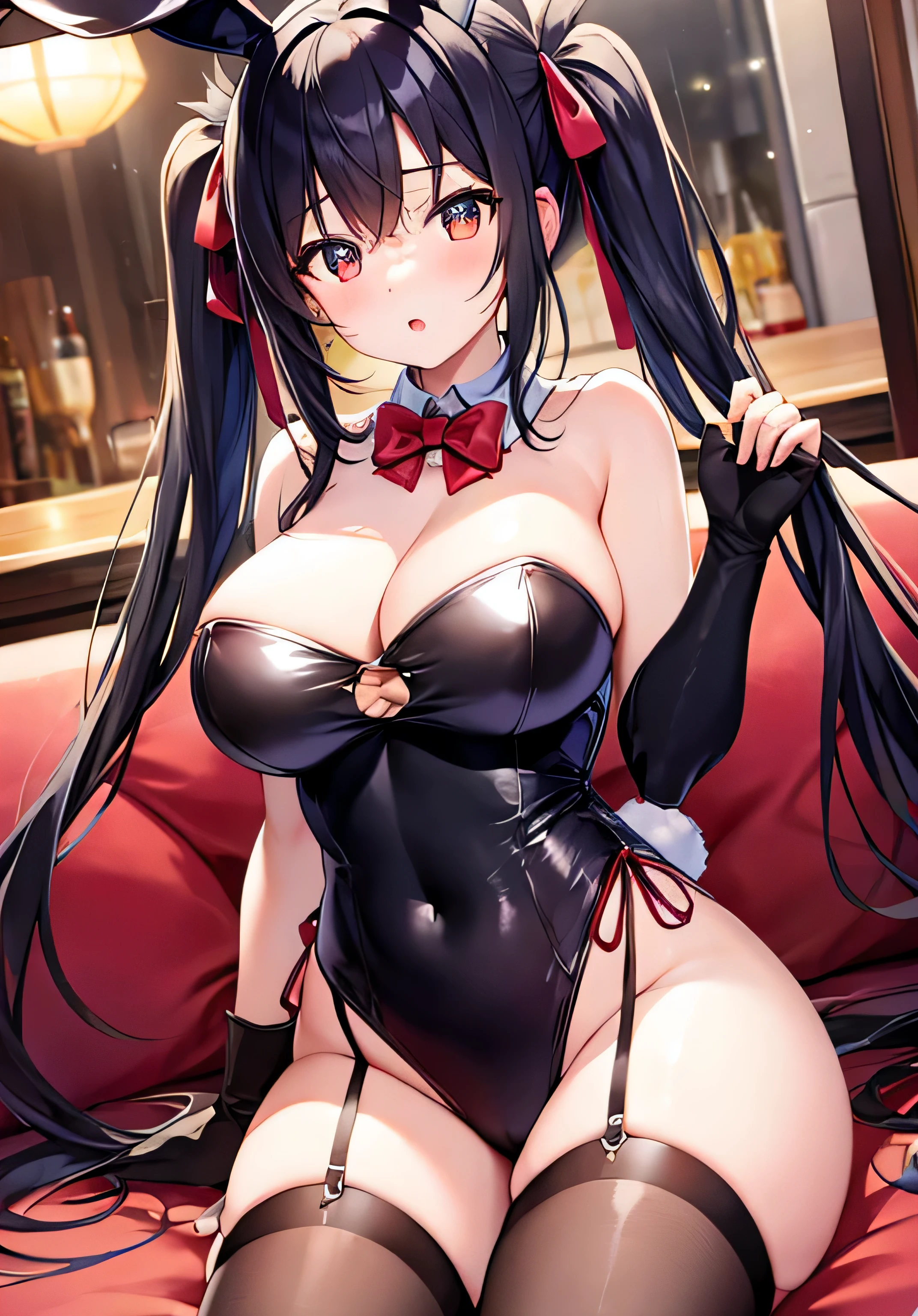 masterpiece、best image quality、ultra high resolution、 girl with big breasts、twin tail hairstyle、black hair、red face、shyly、Open your mouth just a little、Bunny girl costume that shows cleavage、rabbit ears headgear、Inside the entertainment bar、sitting on the sofa、beautiful feet、At night