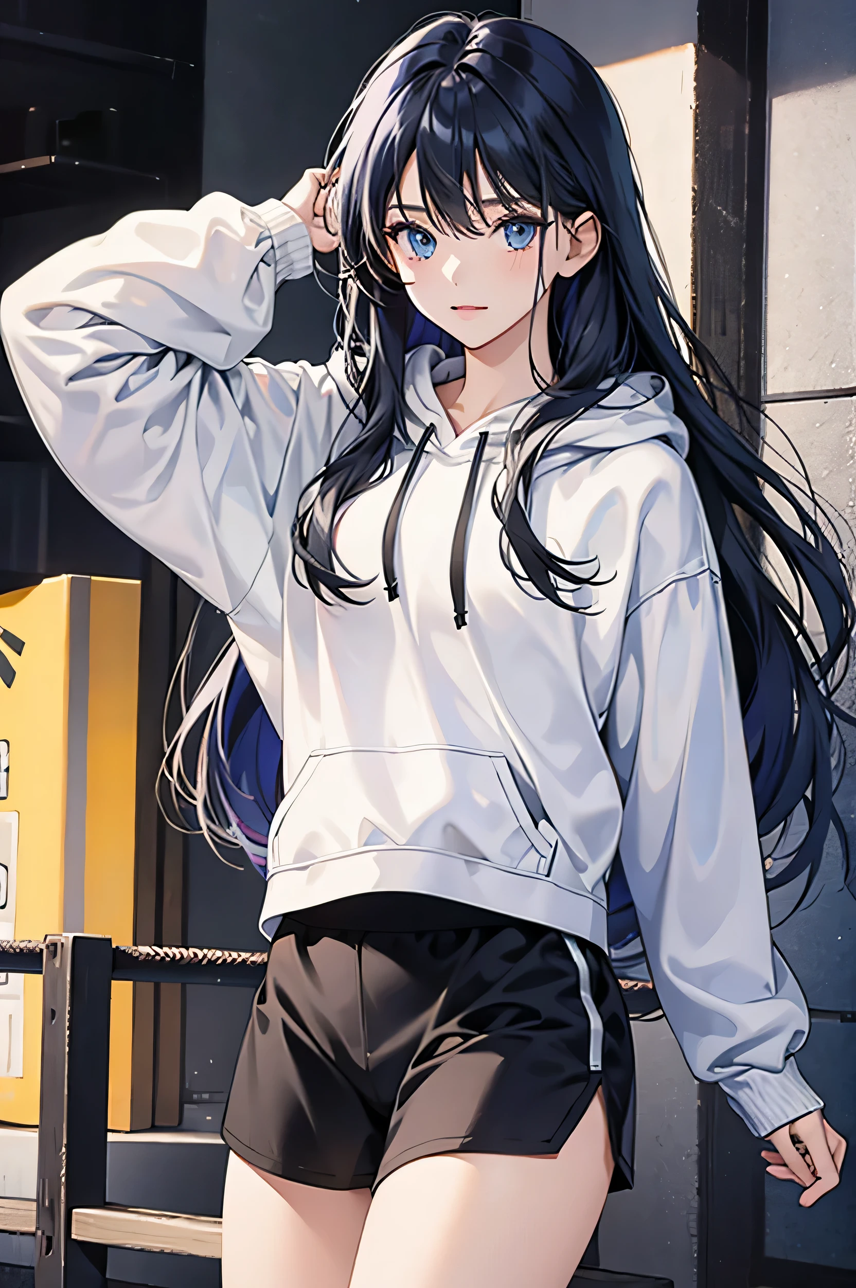 Handsome slim girl with long black and blue hair. sharp eyes. wearing a long hoodie and athletic shorts