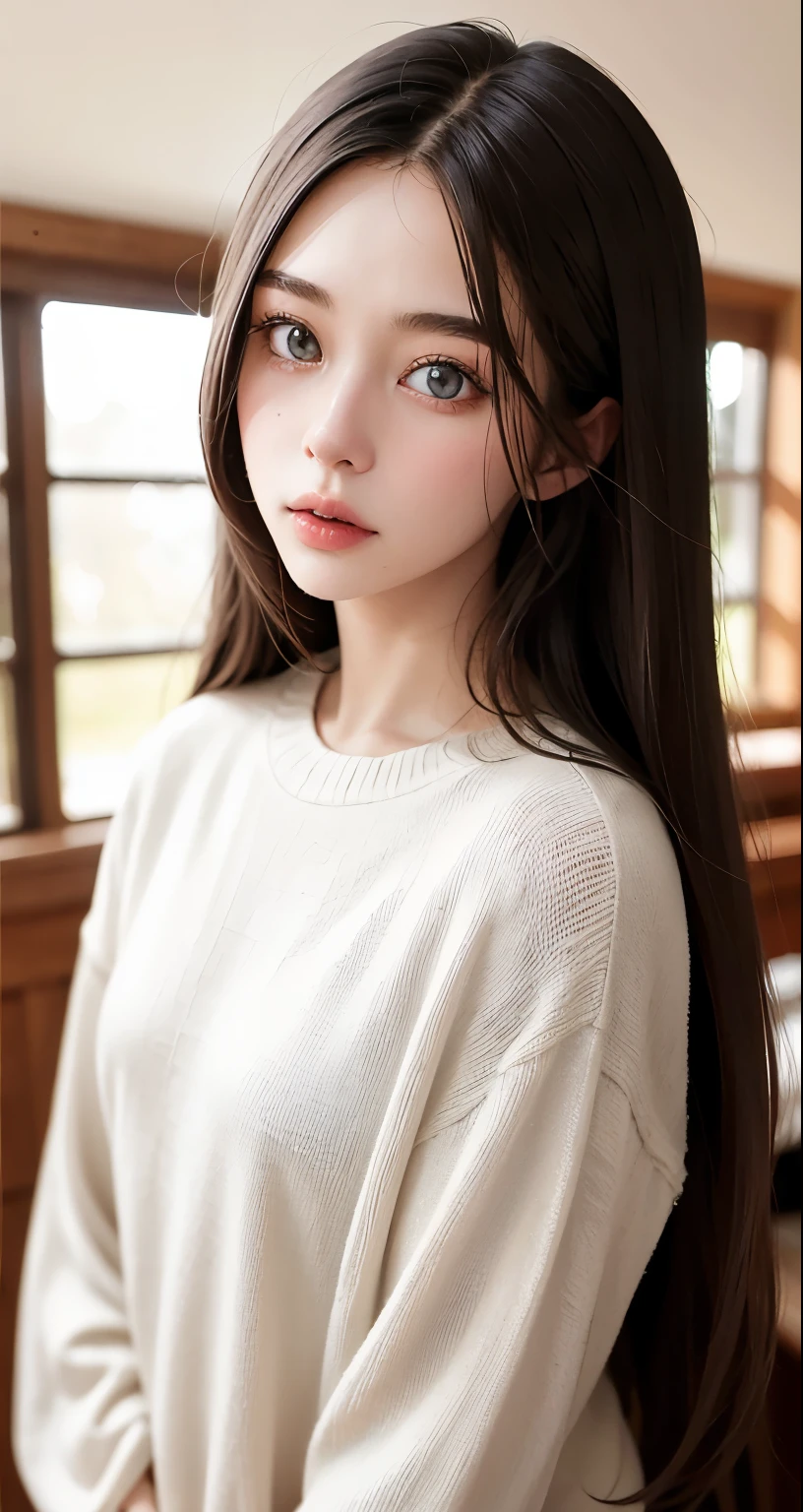 Girl, long, soft hair, gray eyes, sharp features, white skin, sweater