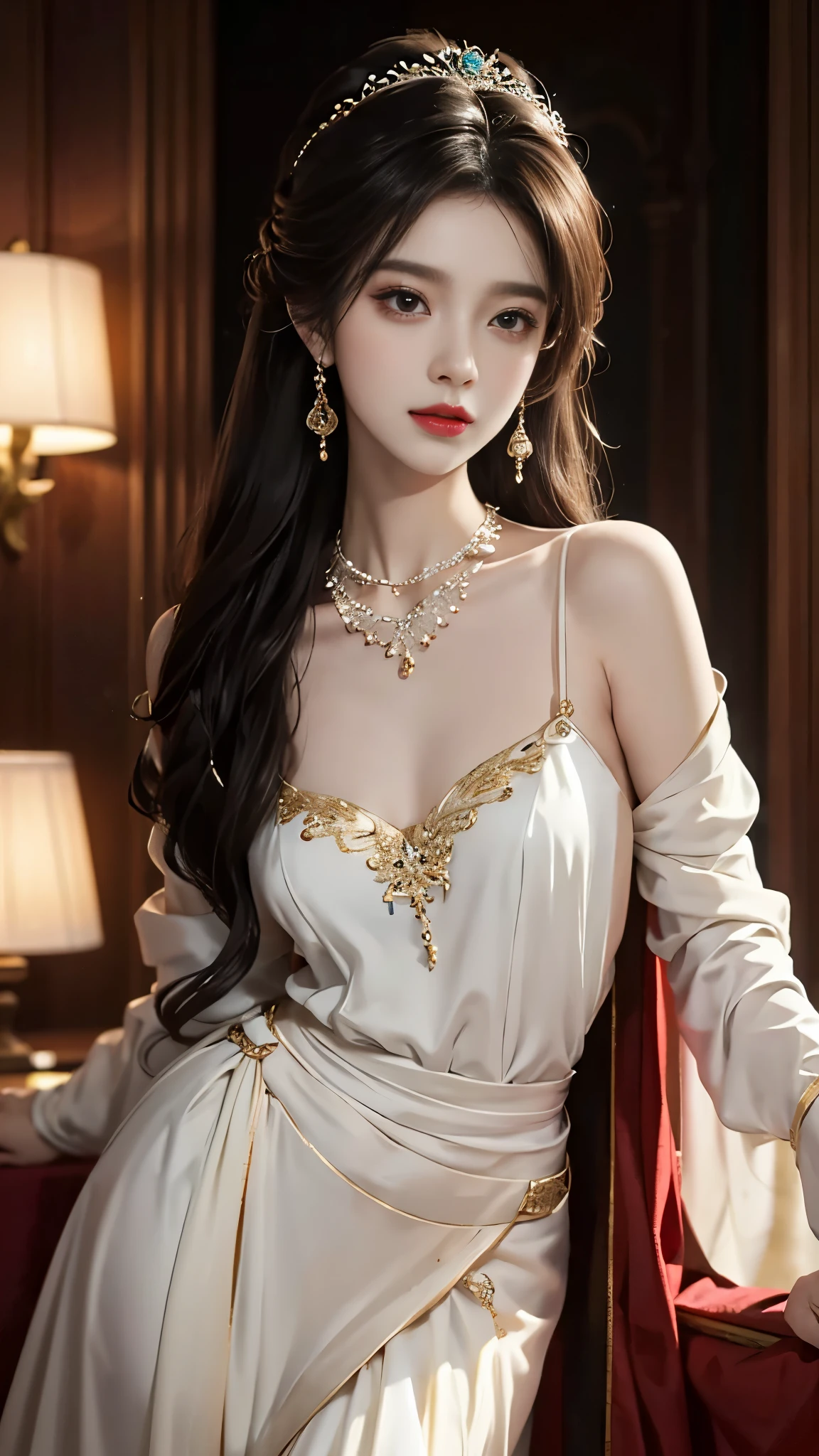 ((whole body)), ((from below)), Yushuxin,1 girl,alone, ((stand up, leaning on ledge)), ((lean forward)), ((The features are clear, clear face, clear face)), red lips, cosmetics, close-up, elegant姿势, seductive pose, Perfect Curve, Slim, Sexy, big breasts, split, beautiful legs, charming gaze, bite lip, messy long hair, Simple and casual scene, Very detailed, Ultra-clear, best quality, official art, exquisite earrings, exquisite necklace, Very detailed description, Super beautiful painting, Sophisticated functionality, elegant, beautiful, Super fine details, masterpiece, Authentic texture, Realistic movie lighting, masterpiece, best quality