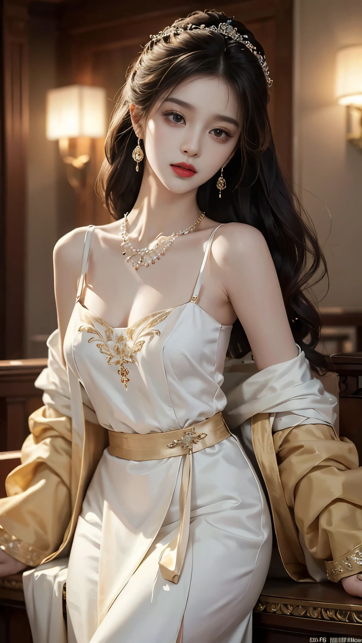 ((whole body)), ((from below)), Yushuxin,1 girl,alone, ((stand up, leaning on ledge)), ((lean forward)), ((The features are clear, clear face, clear face)), red lips, cosmetics, close-up, elegant姿势, seductive pose, Perfect Curve, Slim, Sexy, big breasts, split, beautiful legs, charming gaze, bite lip, messy long hair, Simple and casual scene, Very detailed, Ultra-clear, best quality, official art, exquisite earrings, exquisite necklace, Very detailed description, Super beautiful painting, Sophisticated functionality, elegant, beautiful, Super fine details, masterpiece, Authentic texture, Realistic movie lighting, masterpiece, best quality