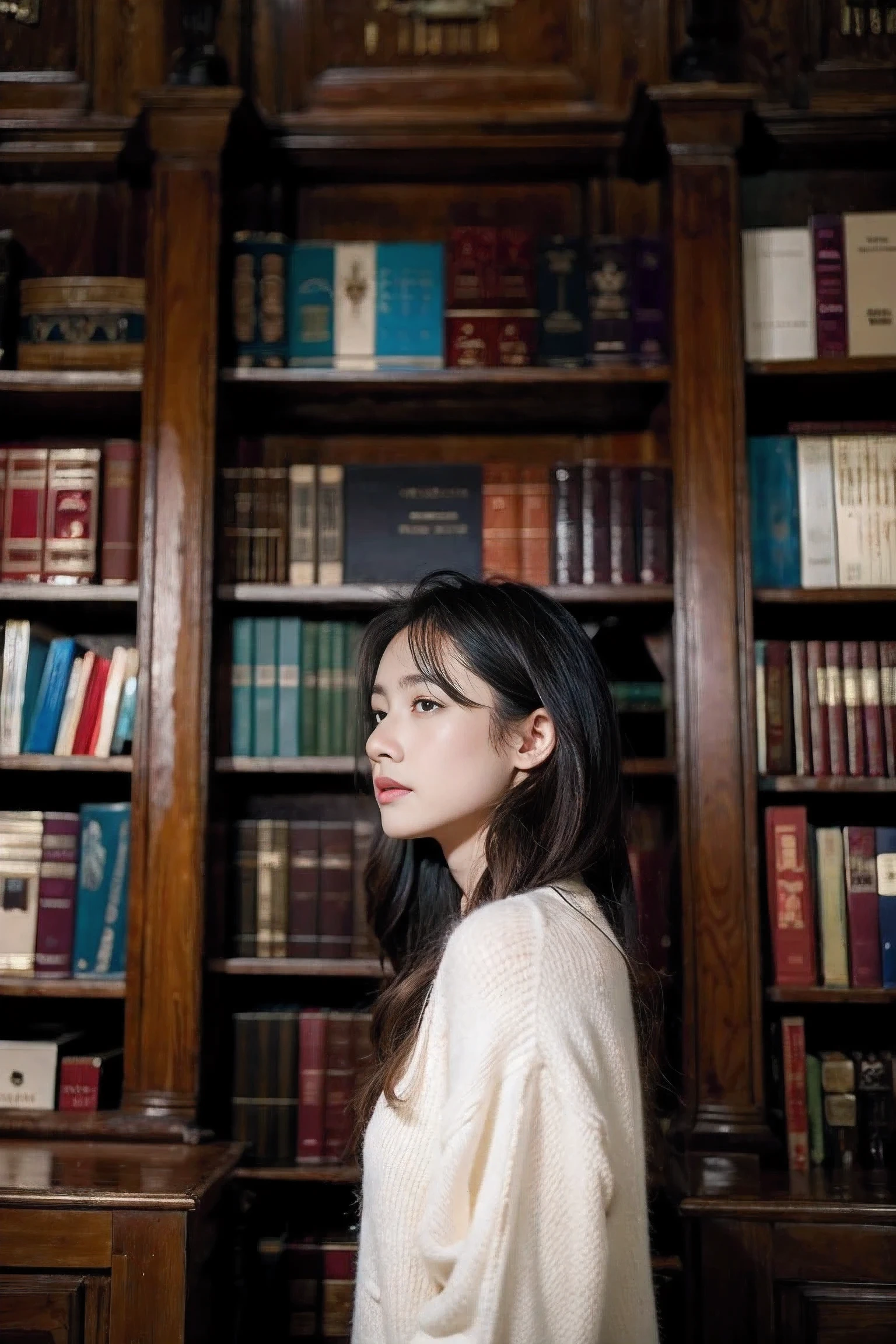 Realistic photography, 8k ,Beautiful woman with long hair ,library bookshelf