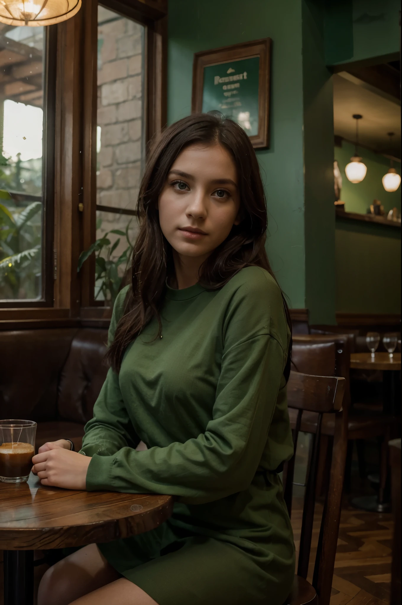 there is a woman sitting at a table in a restaurant, a portrait inspired by Elsa Bleda, unsplash contest winner, renaissance, mysterious coffee shop girl, mid shot portrait, casual pose, green clothes, in a coffee shop, forest green, dark green tones, environmental shot, jovana rikalo, 5 0 0 px models, green clothing