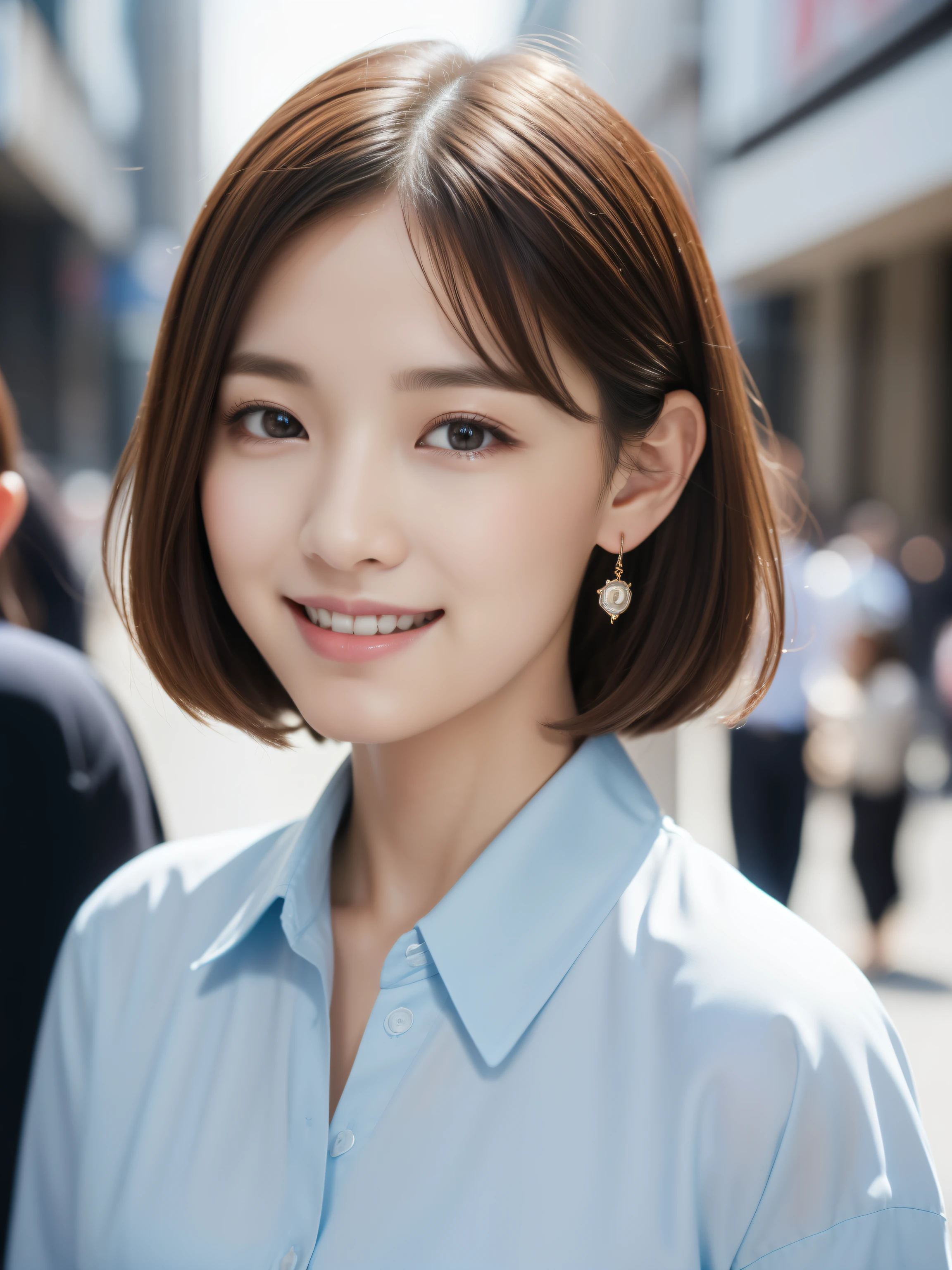 (8k、RAW photo、highest quality、Masseter muscle part:1.2)、Super detailed、super resolution、(realistic、realistic pictures:1.37)、portrait、High-definition RAW color photo、professional photography、hvery detailed and beautiful、very detailed、8k wallpaper、surprisingly detailed、huge file size、official art、very detailed CG Unity 8k wallpapers、very detailed beautiful girl、very detailed顔、very detailed目、very detailed肌、とてもthin指、very detailed nose、very detailed詳細な口、perfect anatomy、hvery detailed back ground、Hvery detailed clothing、1 girl、(18:1.2)、、cute、famous japanese idol、cute、realistic body、、white skin、glowing skin、because I'thin、handsome body、brown haired、bob cut、laughter、cute、Zora々right、cute faces、lifelike face、delicate eyes、ordering sauce、light blue shirt、long sleeve shirt、(button down shirt)、earrings、looking at camera、cowboy shot、positive、contrapo, draw the background accurately、high street, public, dynamic lighting,