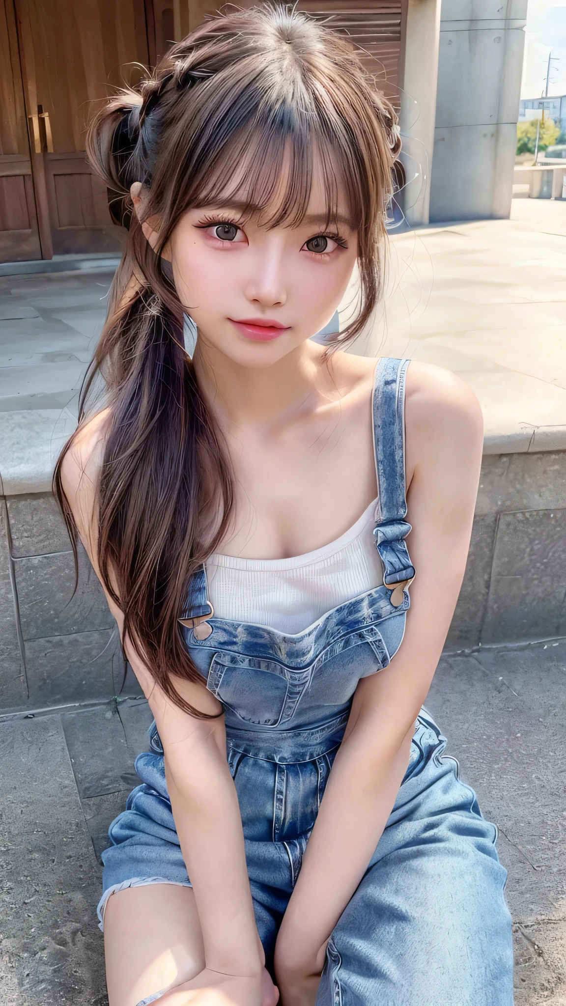 blush,14 years old,small breasts,long hair ponytail,european cityscape,denim overalls,close up of face,((8k, RAW photo, highest quality, pieces fly:1.2), (reality, realistic:1.4), (Highly detailed 8k wallpaper), written boundary depth, cinematic lighting, soft light, Details beauty eye,Shiny and smooth light brown ponytail, asymmetrical bangs, shiny skin, super dense skin ,High resolution, high detail, detailed hairstyle, detailed beauty face, hyper real, perfect limbs, perfect anatomy ,1 Japanese girl,famous japanese idol, perfect female body,shy smile,short eyelashes,double eyelid,look straight here,Hair style is ponytail,