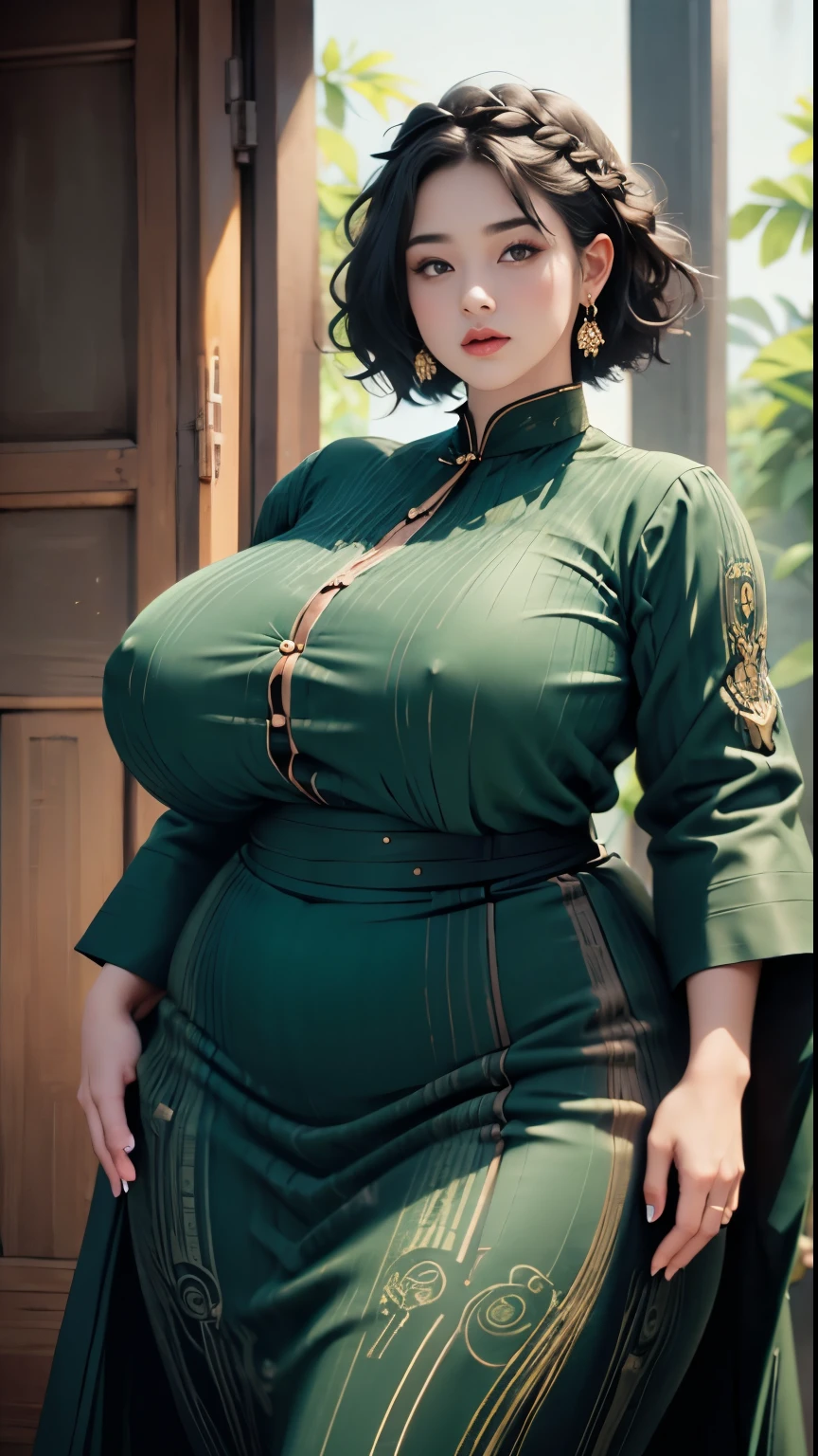 1girl, huge breast, wavy black short hair, green eyes,high quality, ultra detailed, masterpiece, realistic, gamis clothes,braid,standing, slightly fat arms , slightly fat belly , chubby cheeks